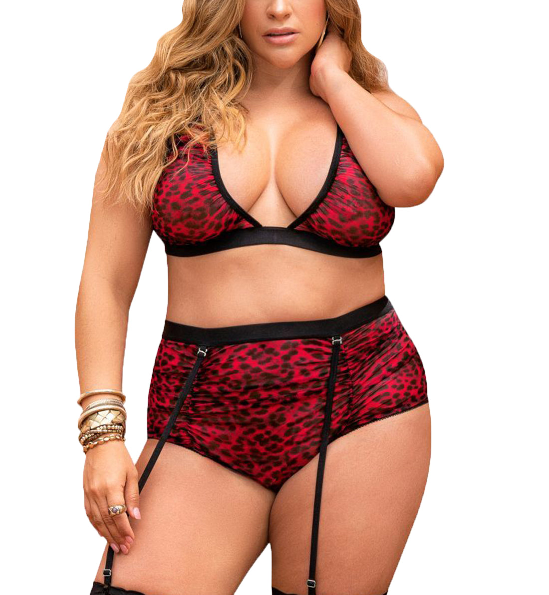 Mapale 2pc Set PLUS:Triangle Bralette, High Waist Panty (8641X),1X/2X,Black/Animal Print - Black/Animal Print,1X/2X