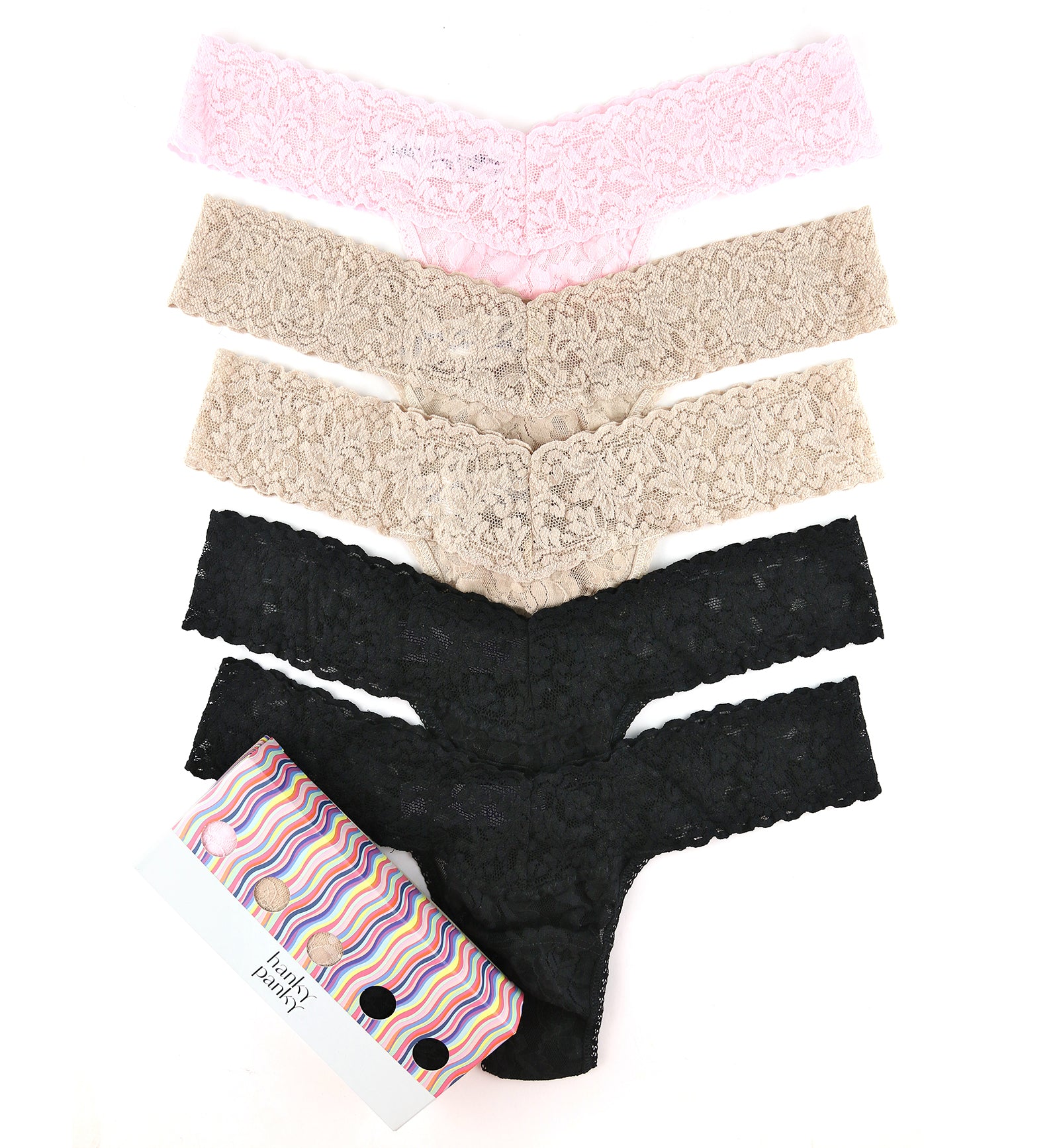 Hanky Panky 5-PACK Signature Lace Low Rise Thong (49115PK),Black/Chai/Bliss - Black/Chai/Bliss,One Size