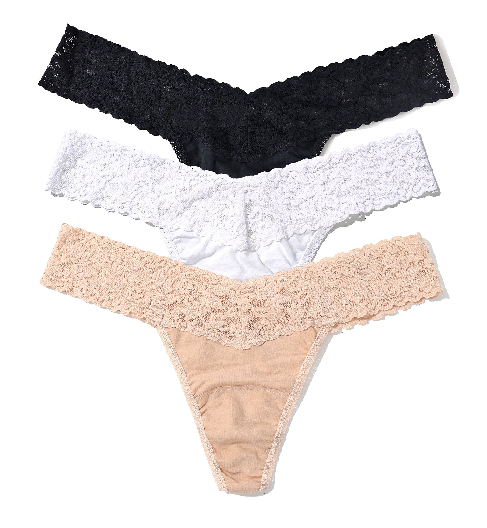 Hanky Panky 3-PACK Cotton Low Rise Thong (8915813PK),Black/White/Chai - Black/White/Chai,One Size