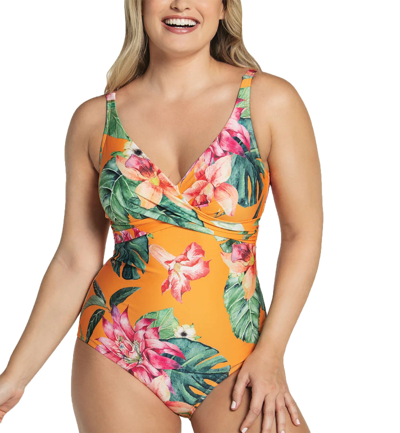 Leonisa Eco-Friendly Low Back One Piece Slimming Swimsuit (19A071P),Small,Orange Leaves Print - Orange Leaves Print,Small