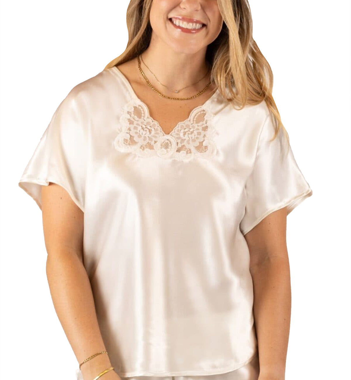 Shadowline Rochelle Satin Short Sleeve Pajama Top (23075),S,Ivory - Ivory,Small