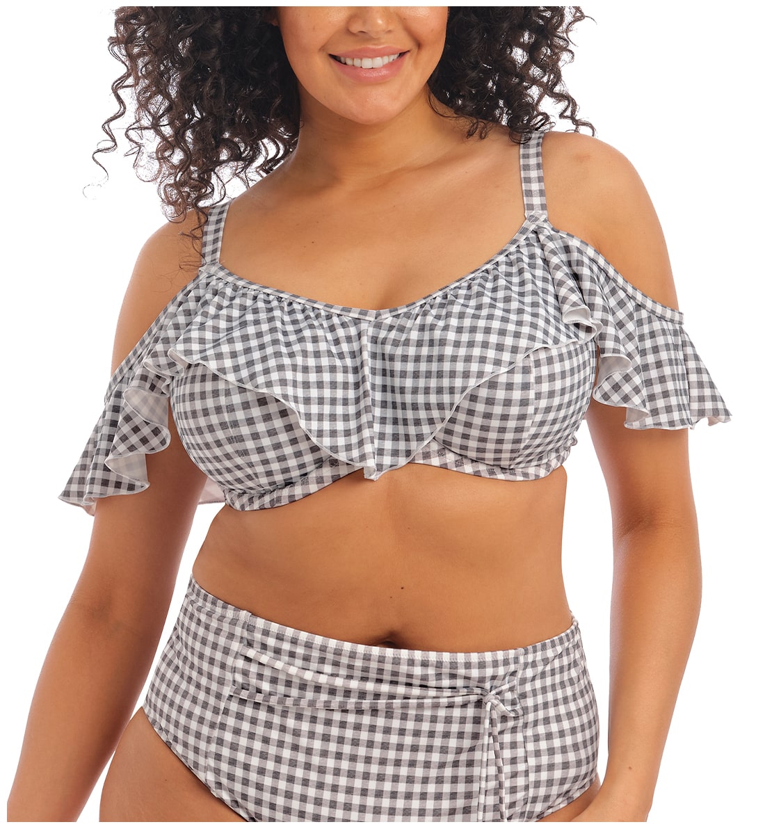 Elomi Checkmate Bardot Ruffle Underwire Bikini Top (ES800306),34GG,Grey Marl - Grey Marl,34GG