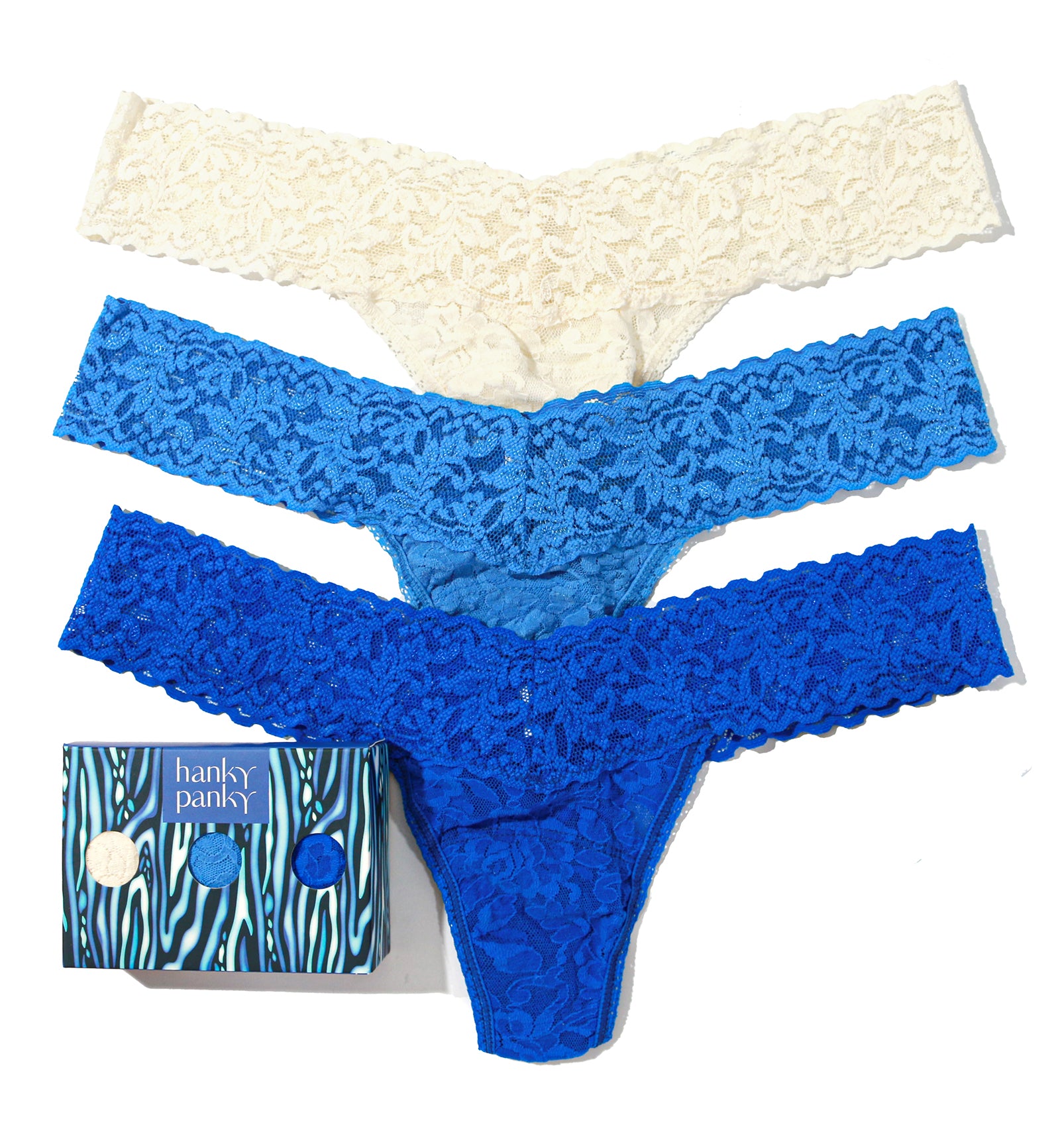Hanky Panky 3-PACK Signature Lace Low Rise Thong (49113PK),Sea You - Ivory/ Forget Me Not/ Sapphire,One Size