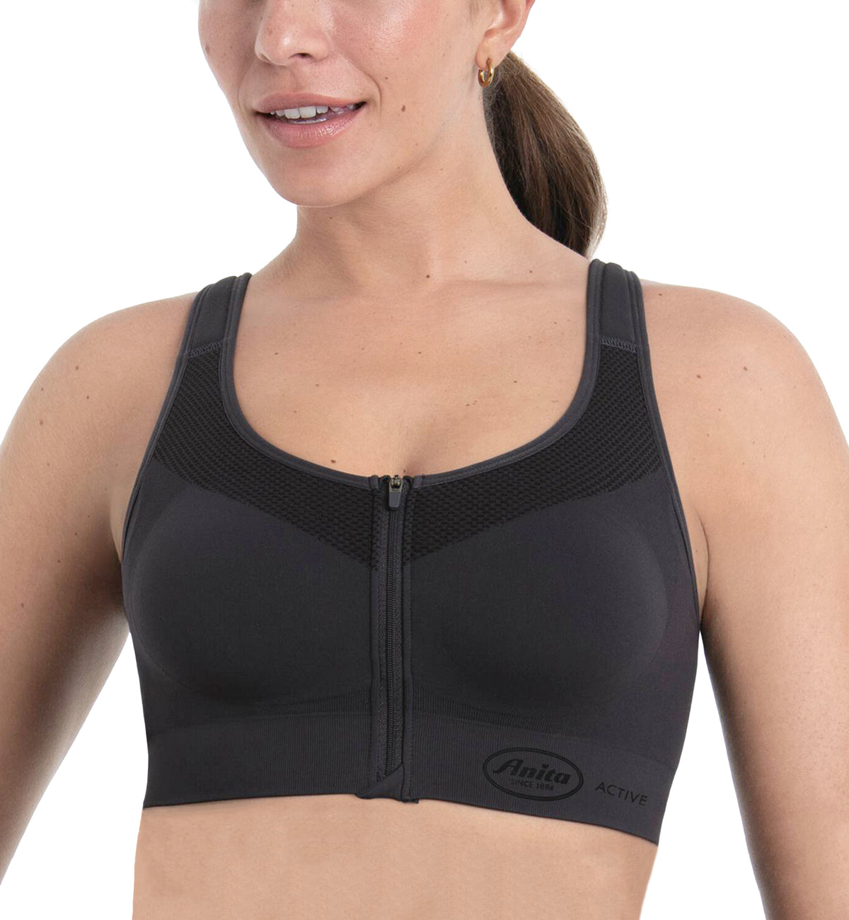 Anita EasyMove Zip Sports Bra (5511),XS,Carbon Grey - Carbon Grey,XS