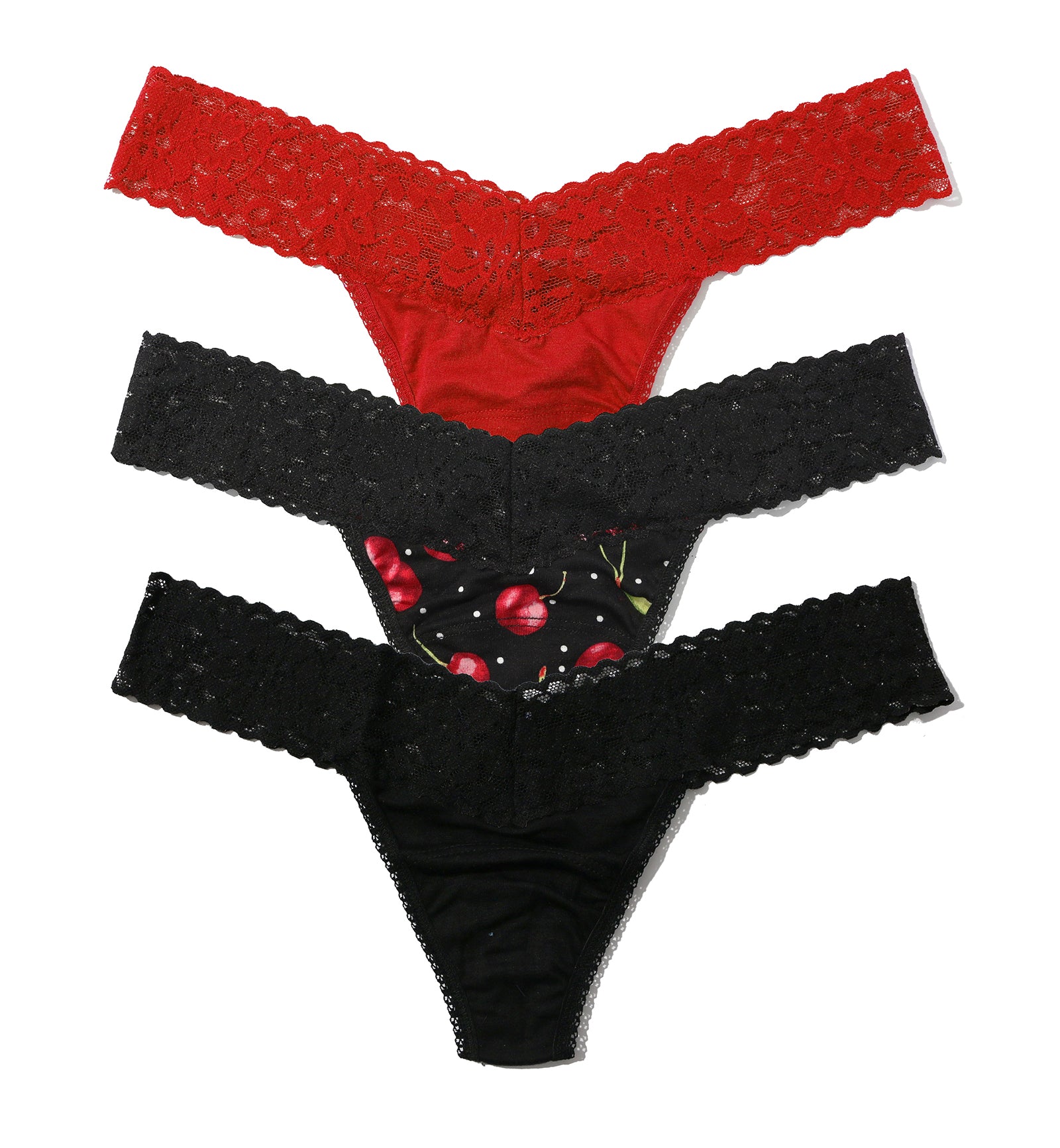 Hanky Panky DreamEase 3-PACK Low Rise Thong (6310043PK),Black/Cherry Bomb/Red - Black/Cherry Bomb/Red,One Size