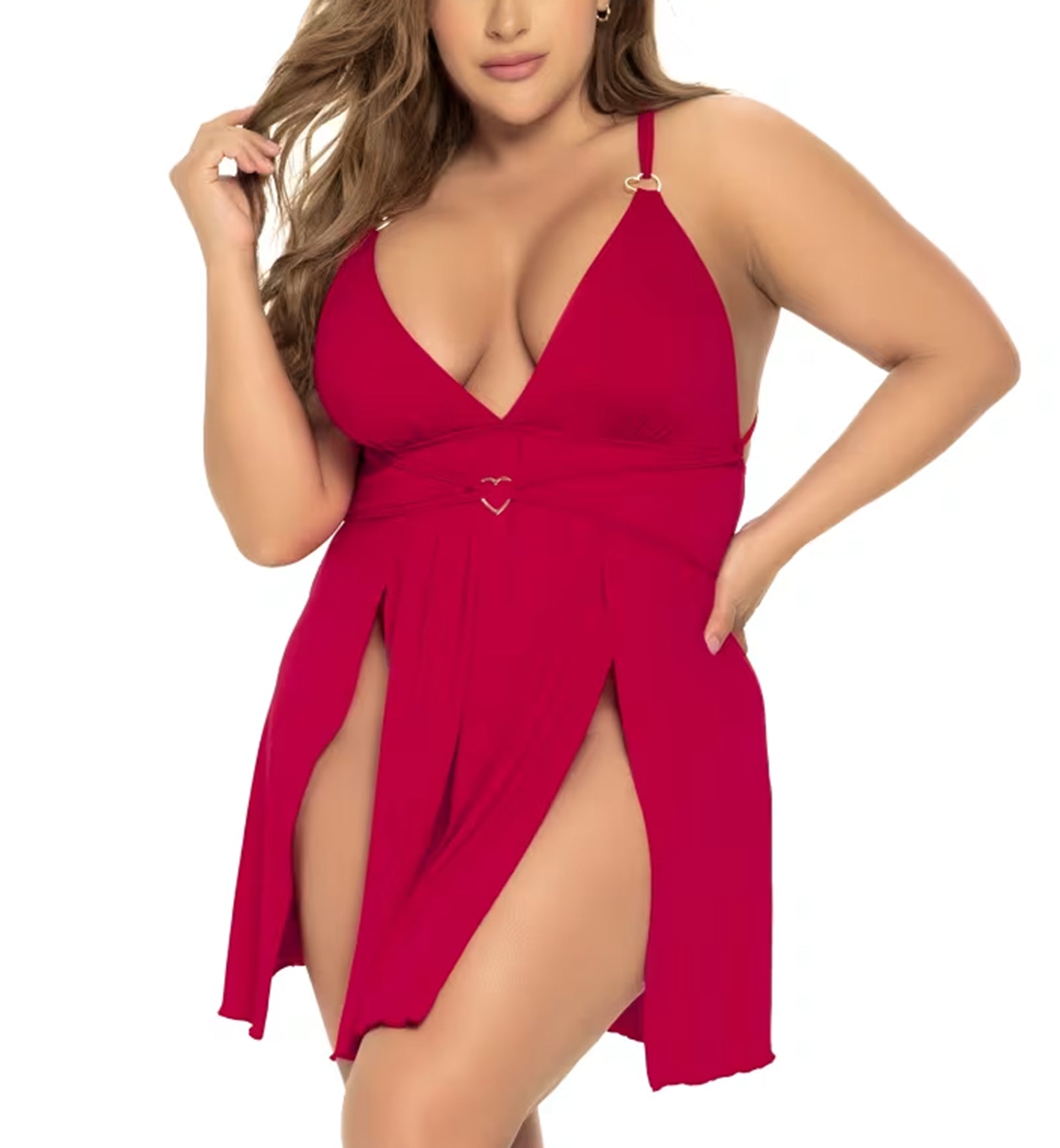 Mapale Plunge Split Side Chemise PLUS (7474X)3X/4X,Red - Red,3X/4X
