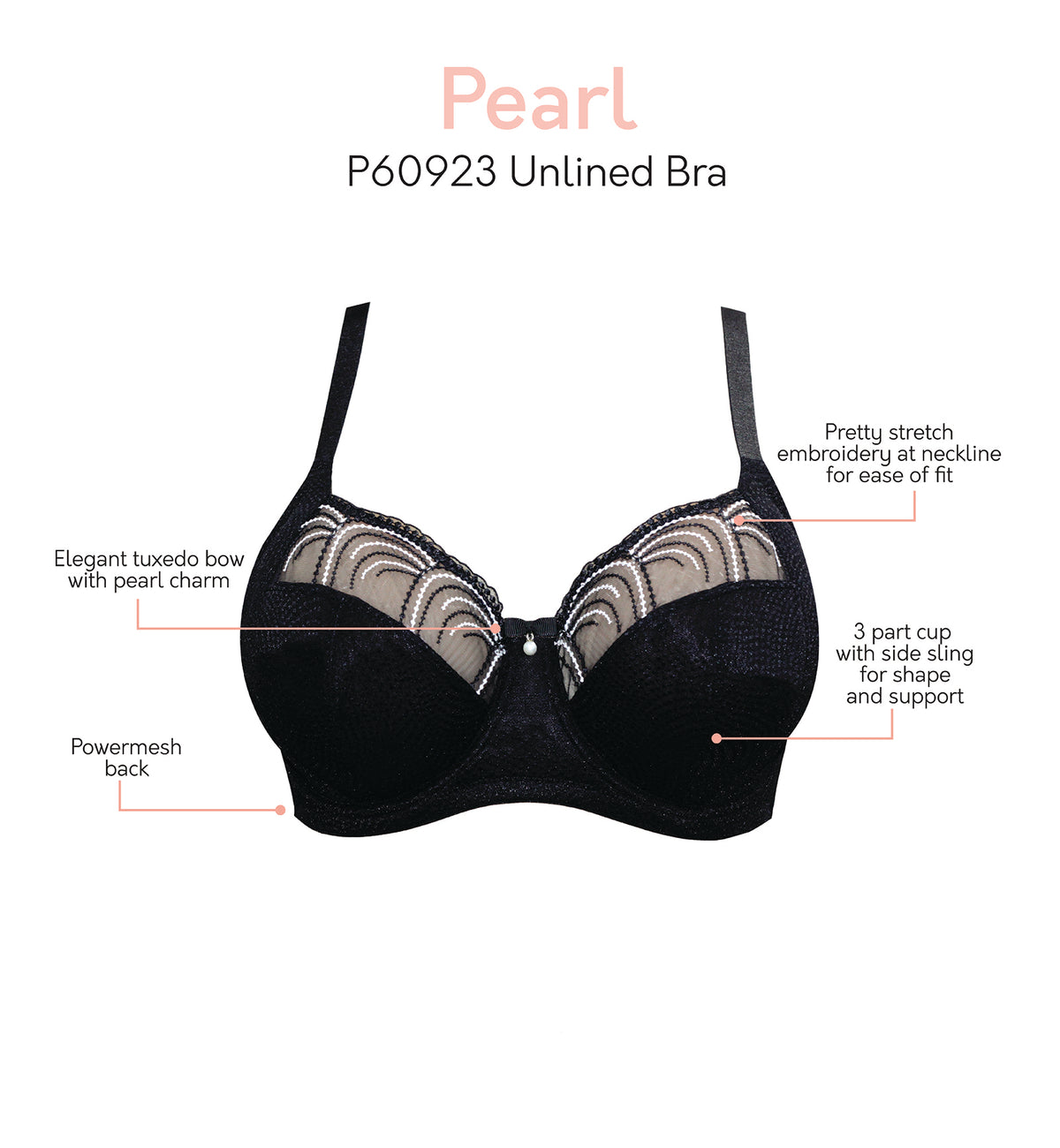 Parfait Pearl Unlined Side Support Underwire Bra (P60923),32D,Black - Black,32D