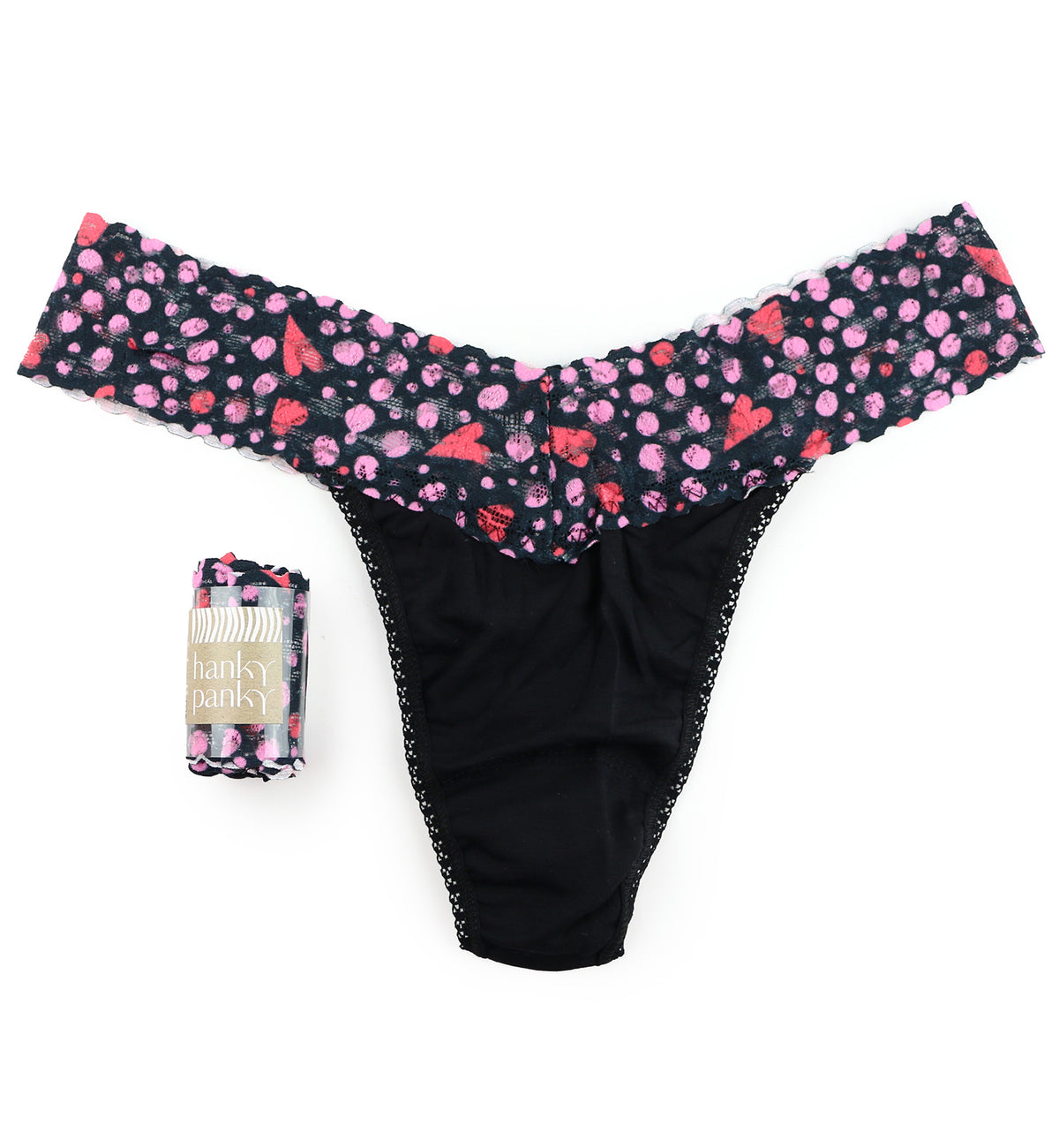 Hanky Panky Cotton-Spandex Original Rise Thong (891802P),Black/Love Nest - Black/Love Nest,One Size