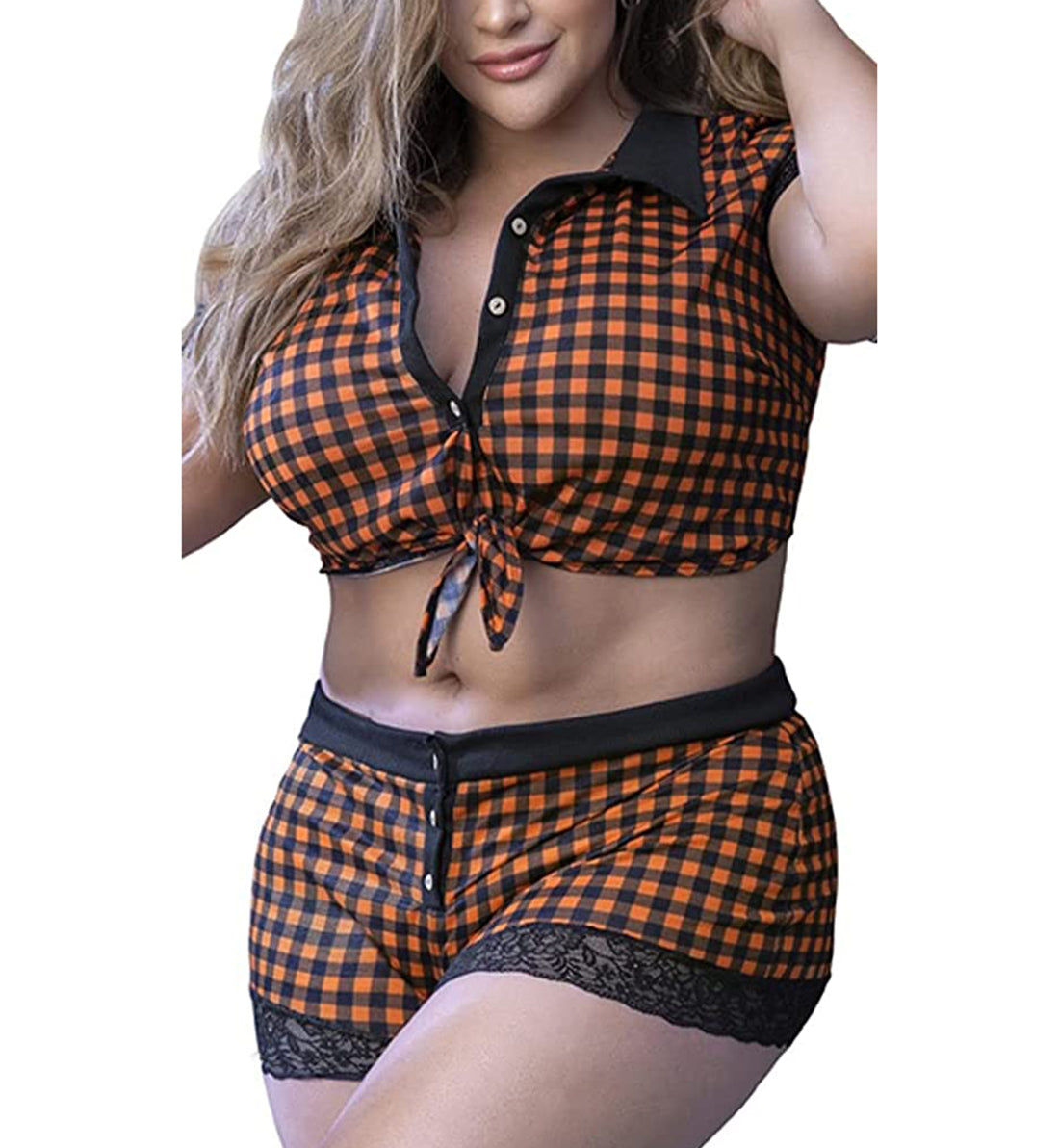 Mapale Knot Tie Crop Top & Cheeky Short PLUS size (7406X),1X/2X,Blk/Orange Ging. - Black/Orange Gingham,1X/2X