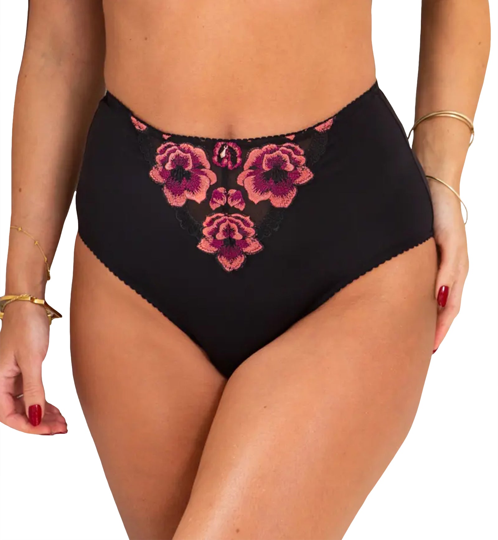 Pour Moi Soiree Embroidery High Waist Deep Brief (37102),Small,Black/Pink - Black/Pink,Small