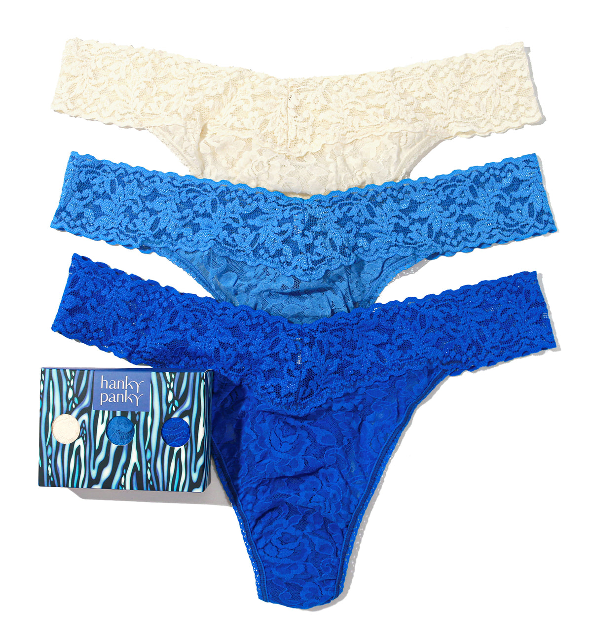Hanky Panky 3-PACK Signature Lace Original Rise Thong (48113PK),Sea You - Ivory/ Forget Me Not/ Sapphire,One Size