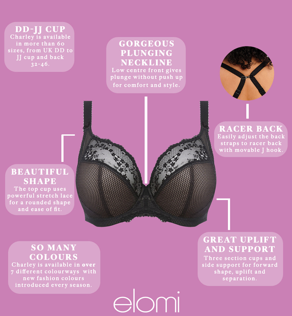 Elomi Charley Banded Stretch Lace Plunge Underwire Bra (4382),32GG,Black - Black,32GG