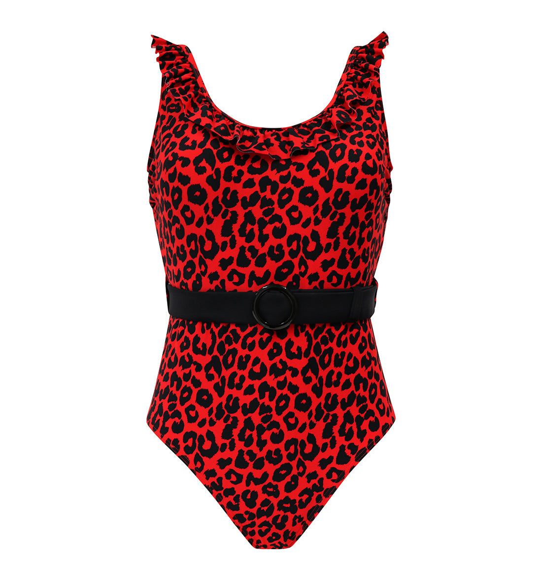Pour Moi Frill Neck Belted Control Swimsuit (25604),XS,Red Leopard - Red Leopard,XS
