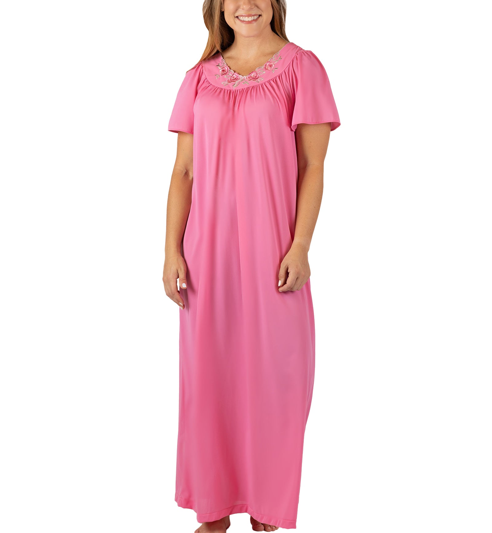 Shadowline Petals Flutter Sleeve Long Nightgown (32280),S,Rosey Pink - Rosey Pink,Small