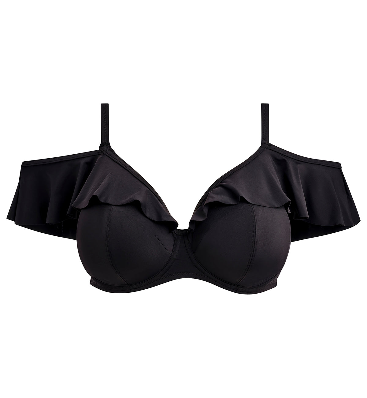 Elomi Plain Sailing Bardot Ruffle Underwire Plunge Bikini Top (ES7282),34G,Black - Black,34G