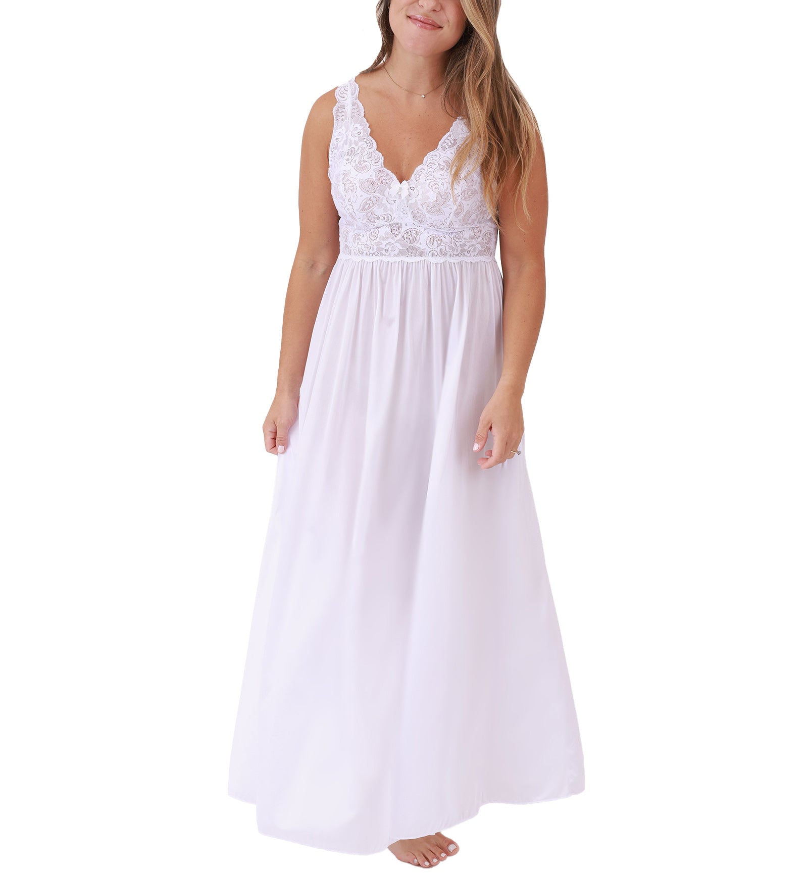 Shadowline Silhouette Lace Bodice Long Nightgown with Added Support (30737),S,Diamond White - Diamond White,Small