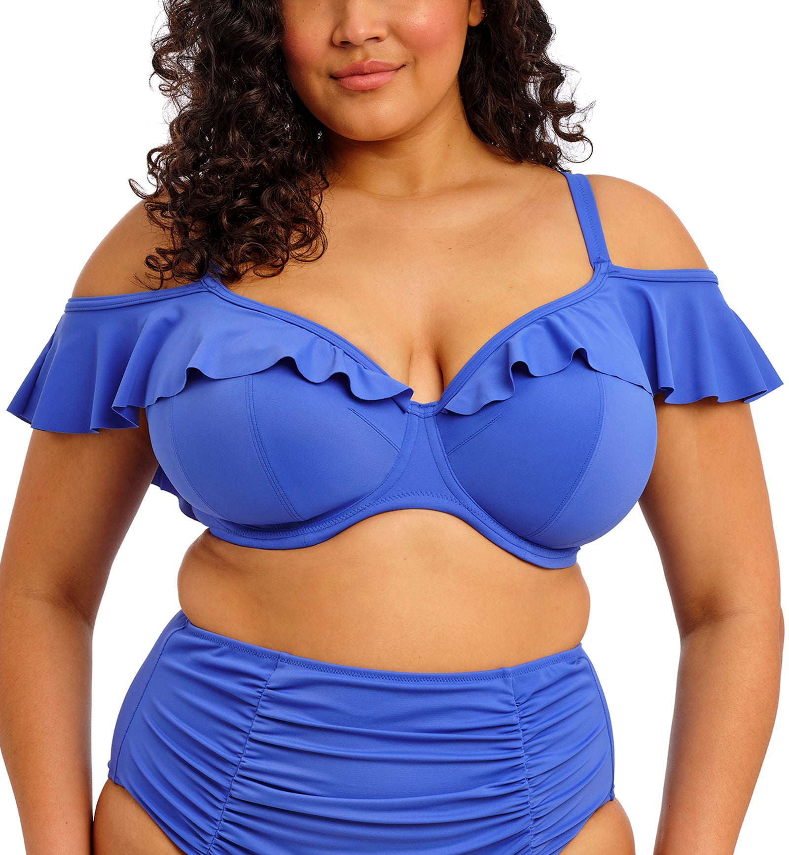 Elomi Plain Sailing Bardot Ruffle Underwire Plunge Bikini Top (ES7282),34G,Azure - Azure,34G