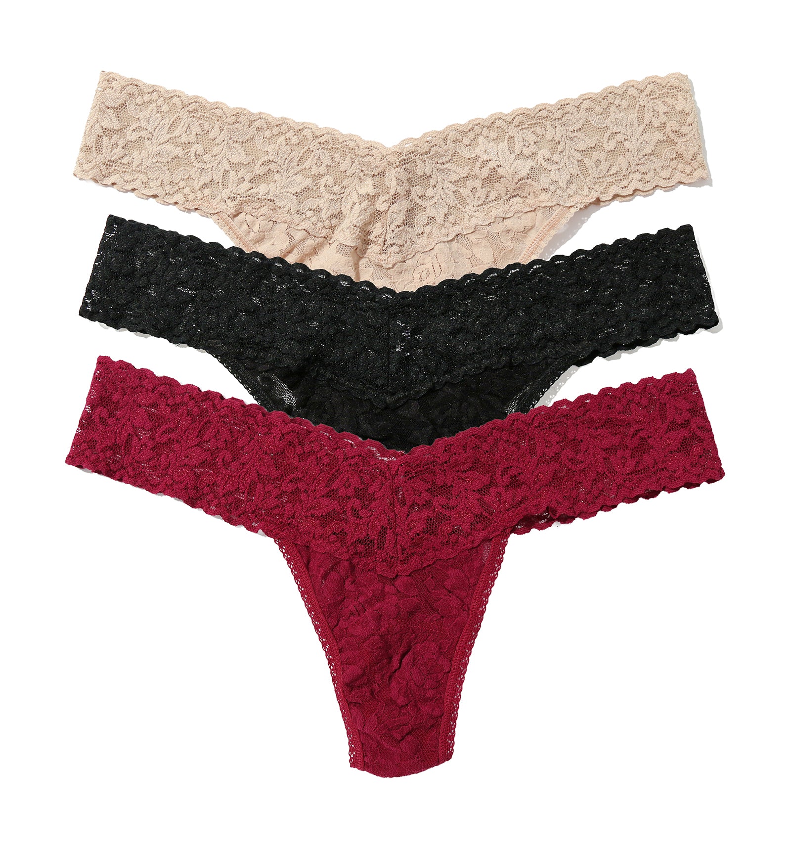 Hanky Panky 3-PACK Signature Lace Low Rise Thong (49113PK),CBDM - Chai/Black/Dark Pomegranate,One Size
