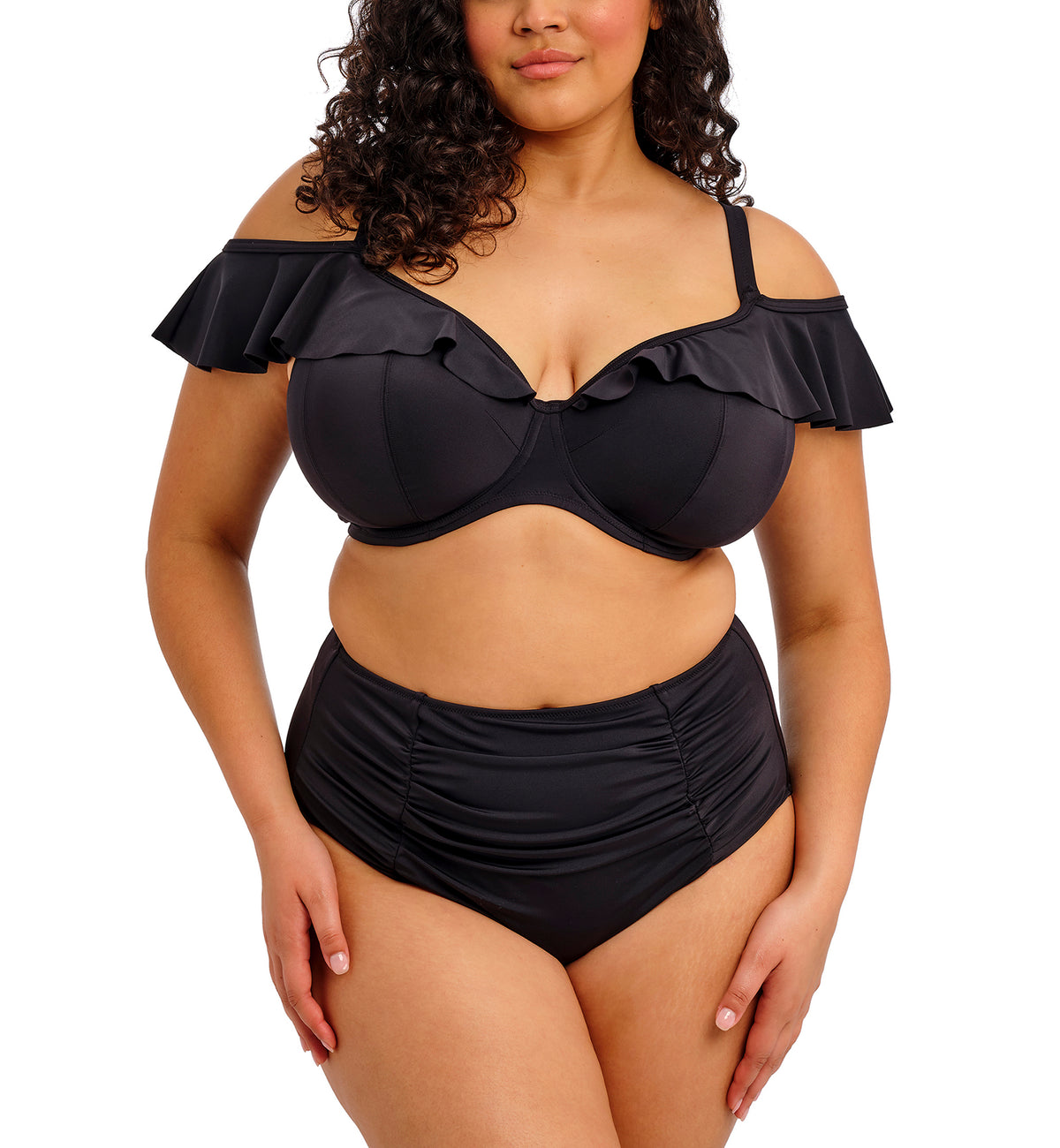 Elomi Plain Sailing Bardot Ruffle Underwire Plunge Bikini Top (ES7282),34G,Black - Black,34G