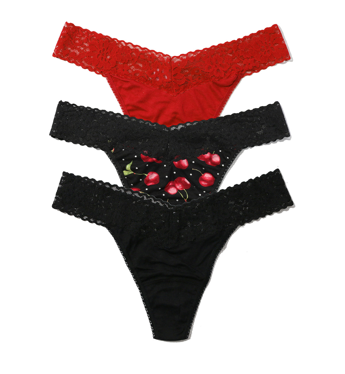 Hanky Panky DreamEase 3-PACK Original Rise Thong (6311043PK),Black/Cherry Bomb/Red - Black/Cherry Bomb/Red,One Size
