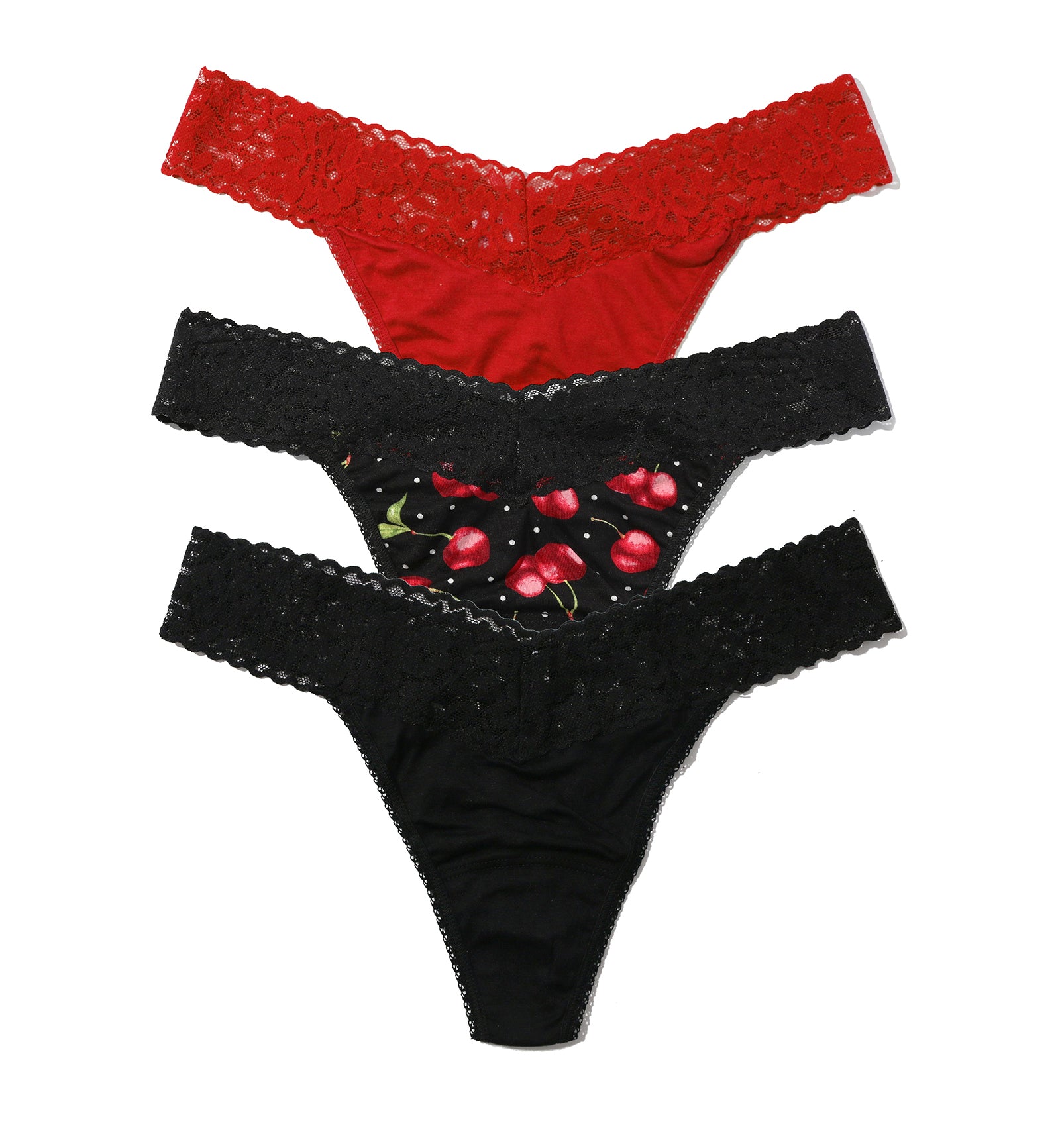 Hanky Panky DreamEase 3-PACK Original Rise Thong (6311043PK),Black/Cherry Bomb/Red - Black/Cherry Bomb/Red,One Size