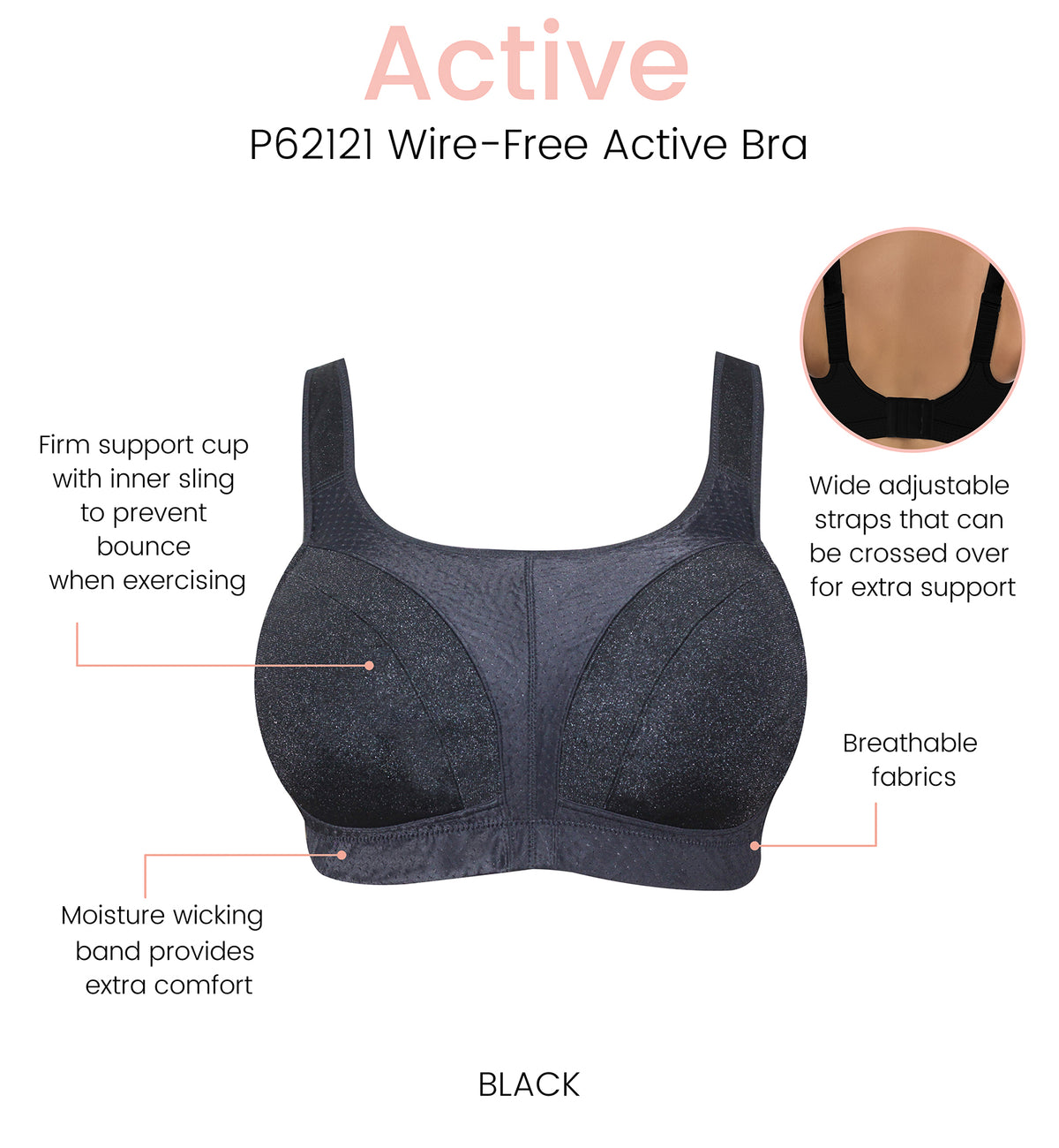 Parfait Active Wire-free Sports Bra (P62121),30D,Black - Black,30D