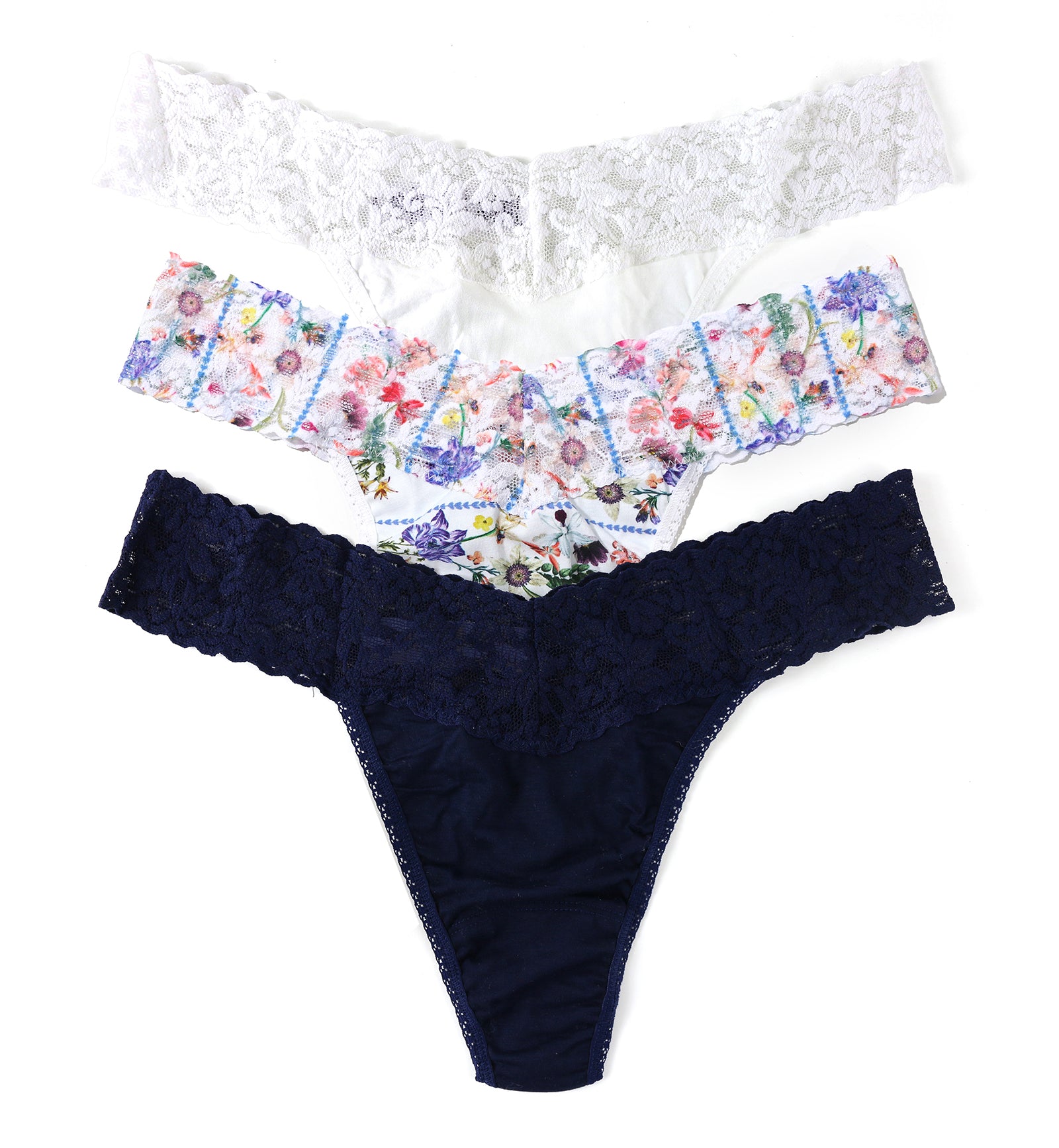 Hanky Panky 3-PACK Original Rise Cotton Thong (8918013PK),Flower Crown - White/Flower Crown/Navy,One Size