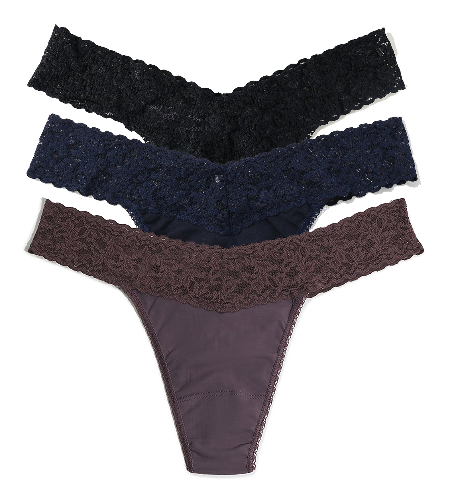 Hanky Panky 3-PACK Cotton Original Rise Thong (8918013PK),Black/Navy/Dusk - Black/Navy/Dusk,One Size