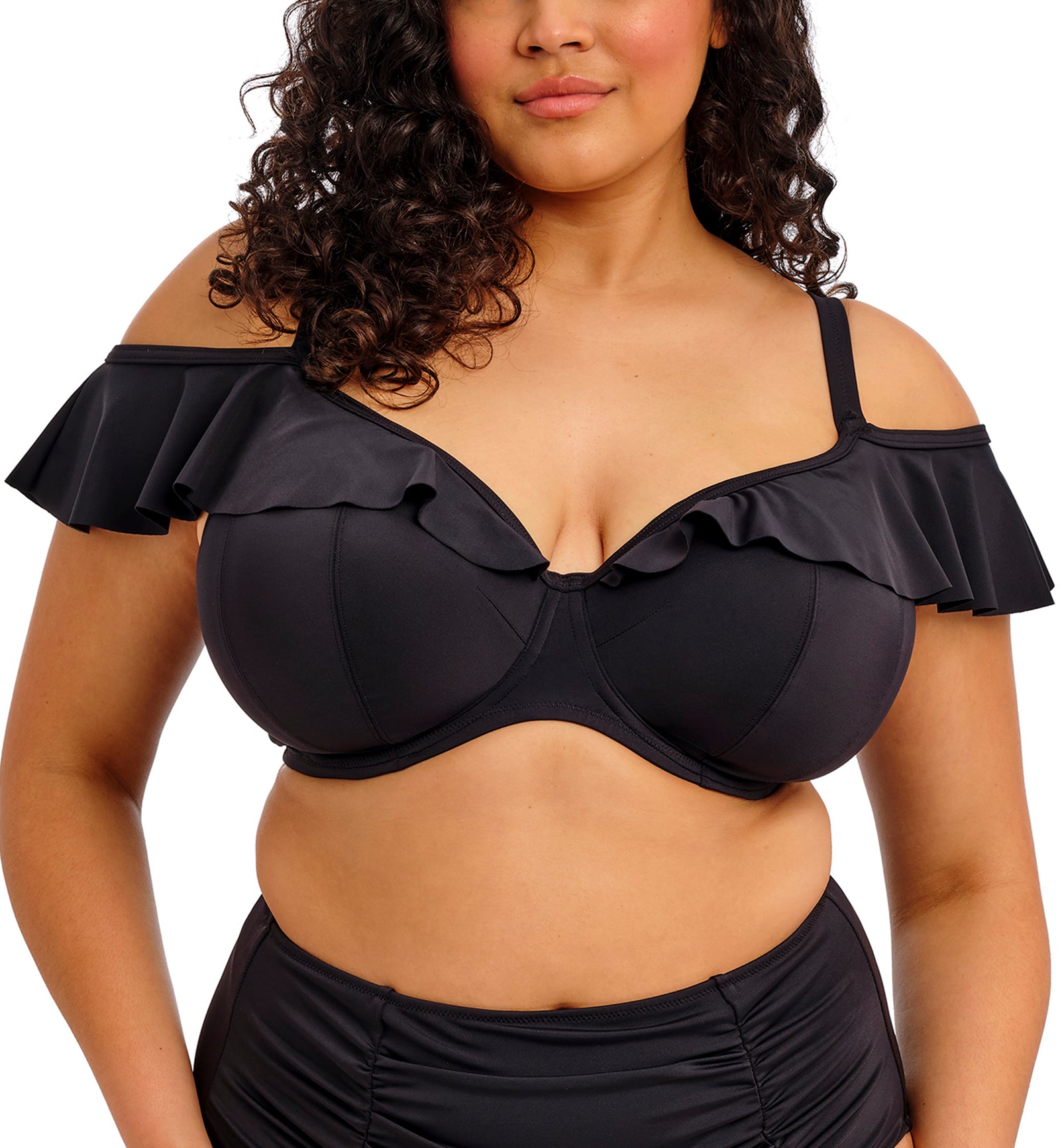 Elomi Plain Sailing Bardot Ruffle Underwire Plunge Bikini Top (ES7282),34G,Black - Black,34G