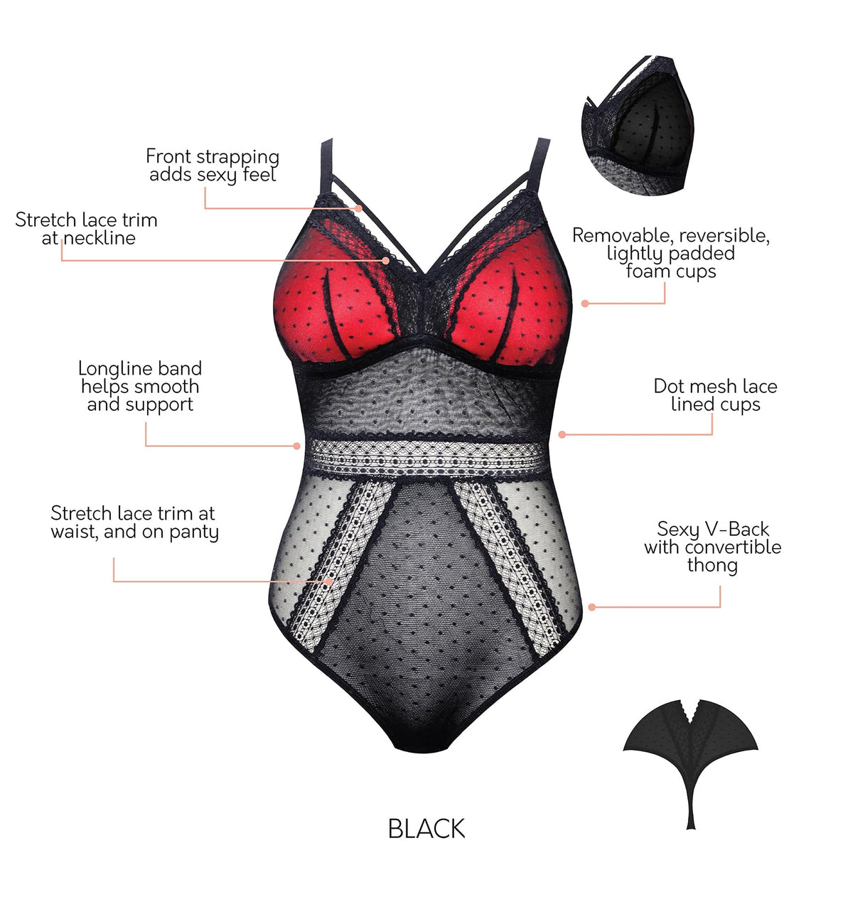 Parfait Mia Dot Wire-Free Padded Mesh Bodysuit (P6017),Small,Black - Black,Small