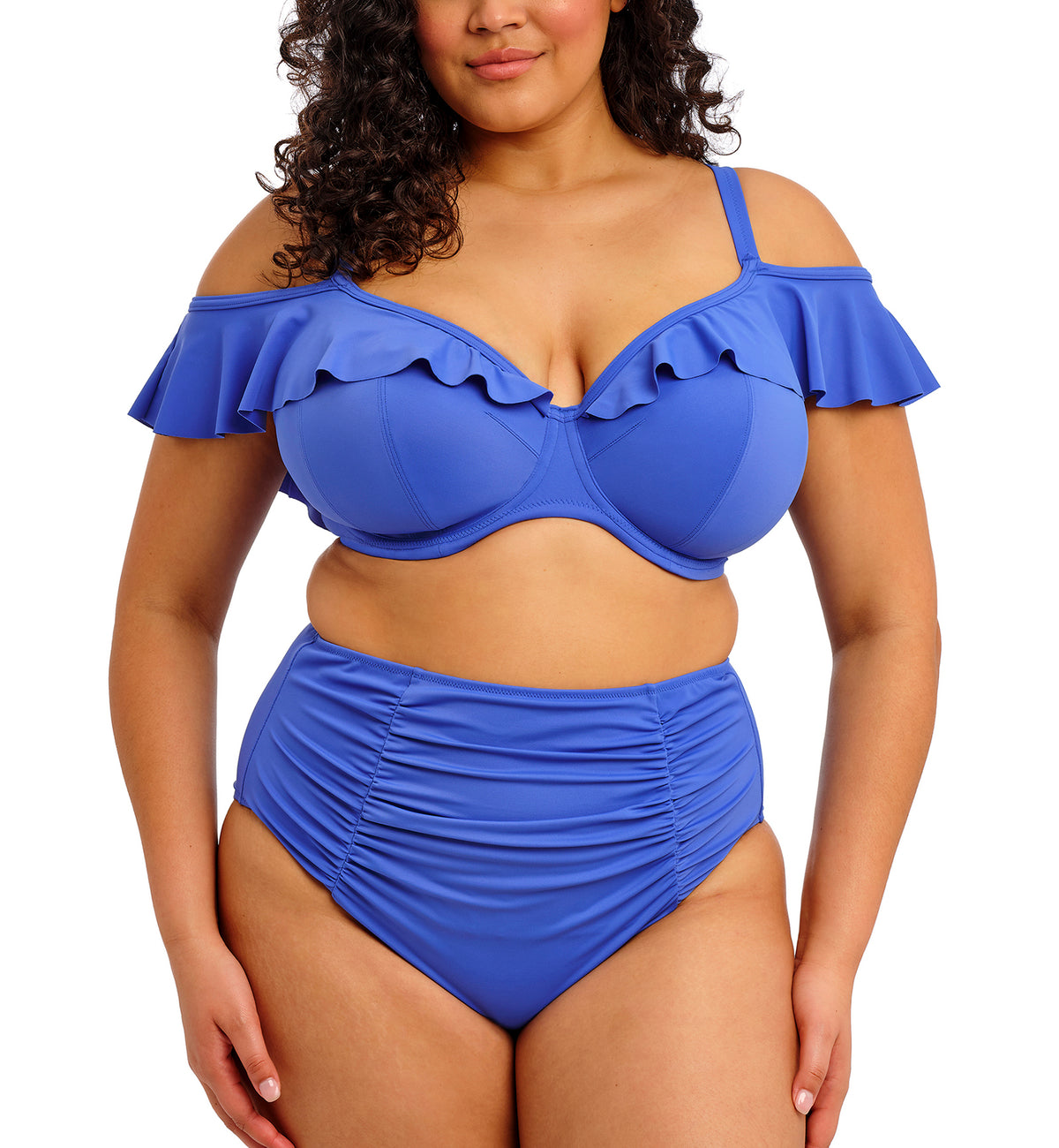 Elomi Plain Sailing Bardot Ruffle Underwire Plunge Bikini Top (ES7282),34G,Azure - Azure,34G