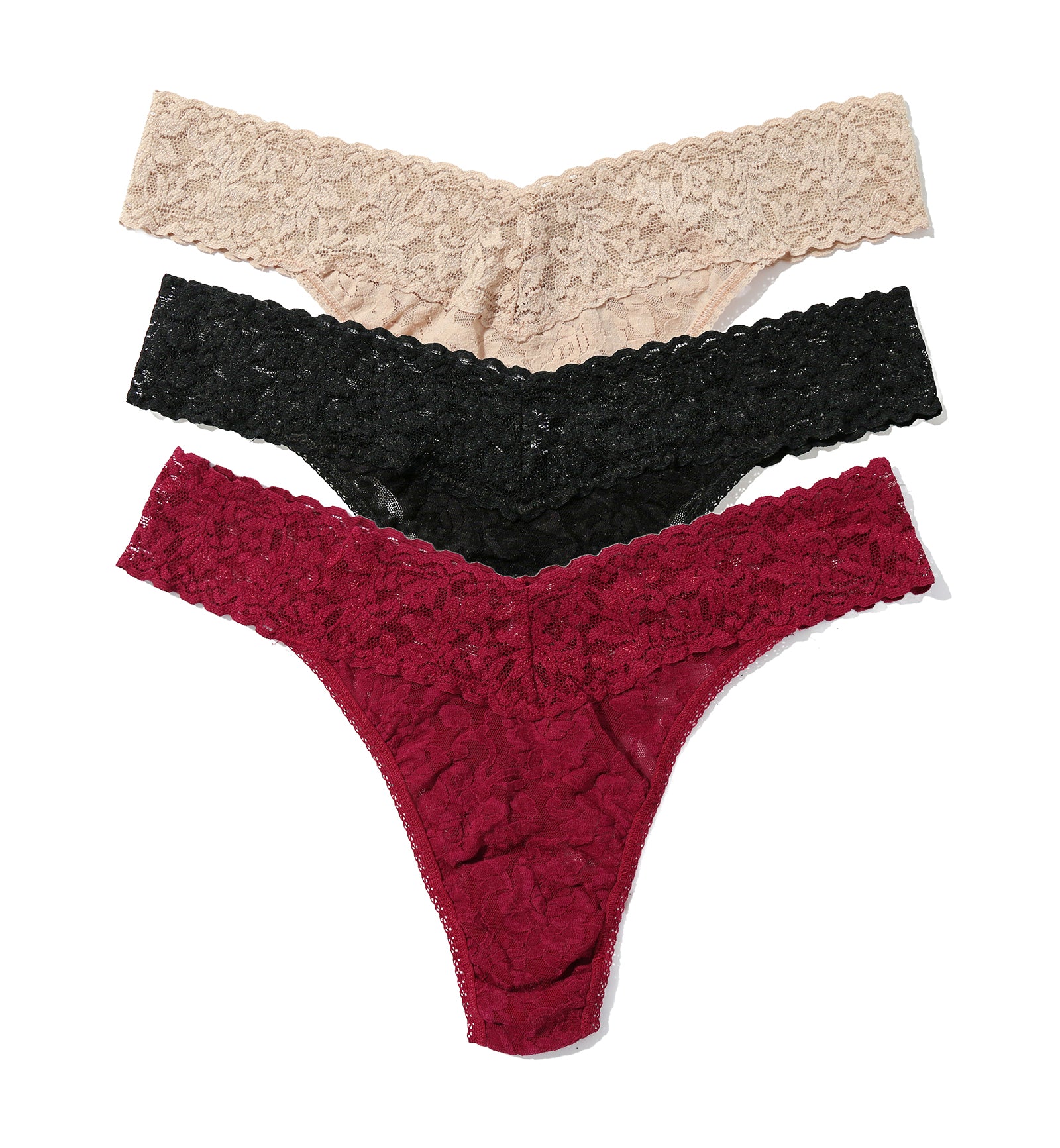 Hanky Panky 3-PACK Signature Lace Original Rise Thong (48113PK),CBDM - Chai/Black/Dark Pomegranate,One Size