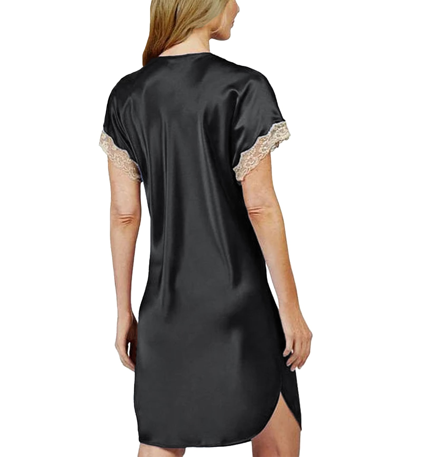 Shadowline Charming Lace Trim Sleepshirt (4503),S,Black - Black,Small