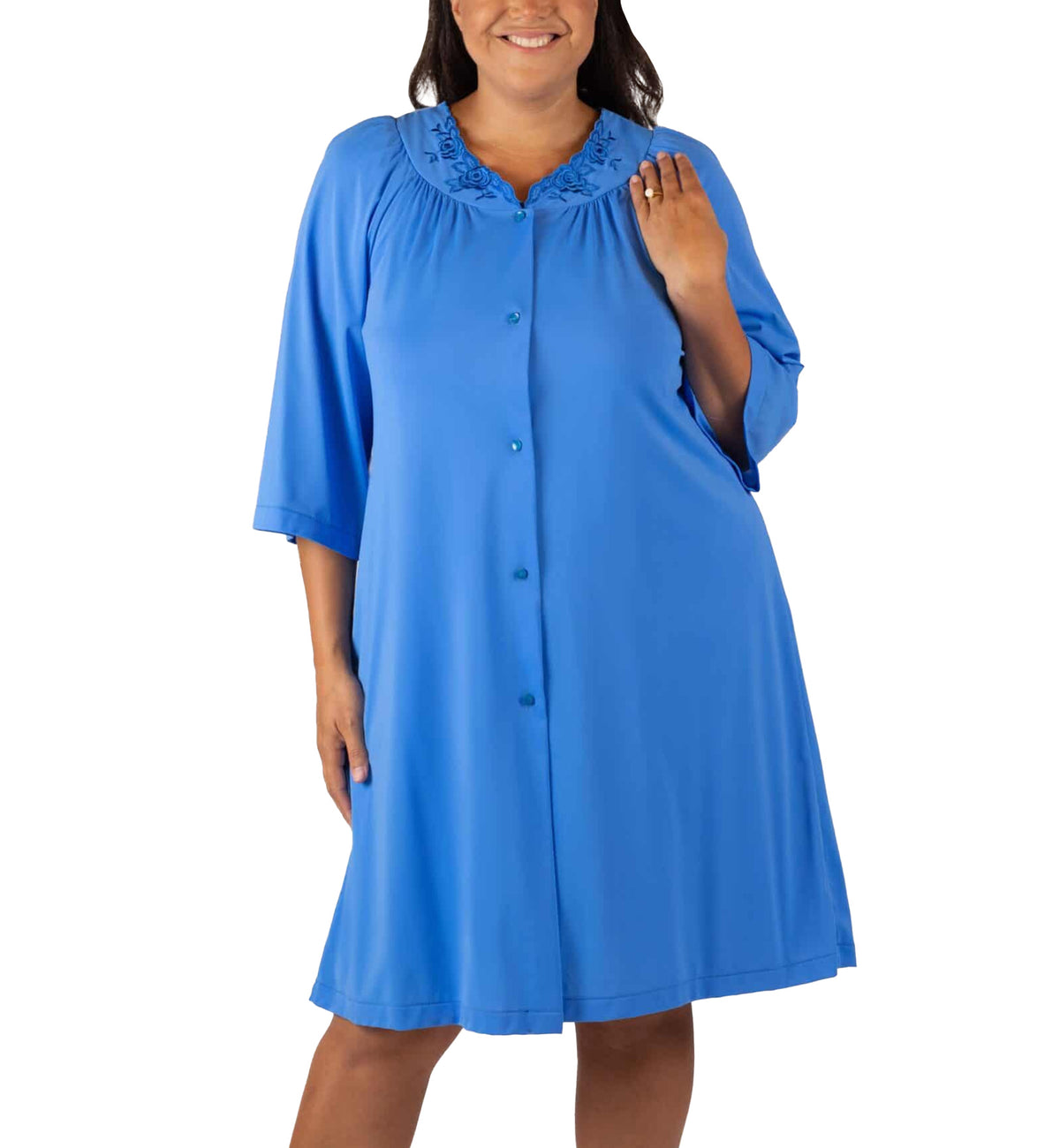Shadowline Petals 3/4 Sleeve Button Down Short Robe (77280),S,Sapphire - Sapphire,Small