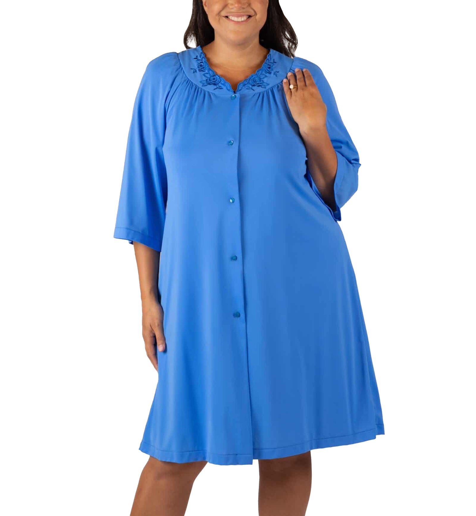 Shadowline Petals 3/4 Sleeve Button Down Short Robe (77280),S,Sapphire - Sapphire,Small