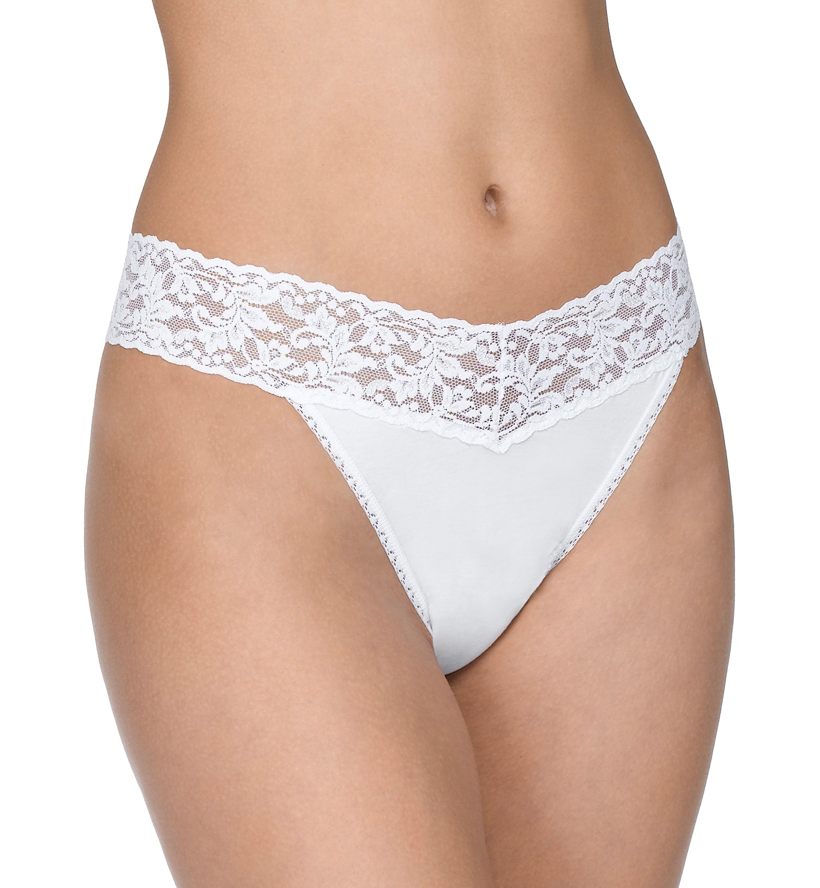 Hanky Panky Original Rise Organic Cotton Thong with Lace (891801),White - White,One Size