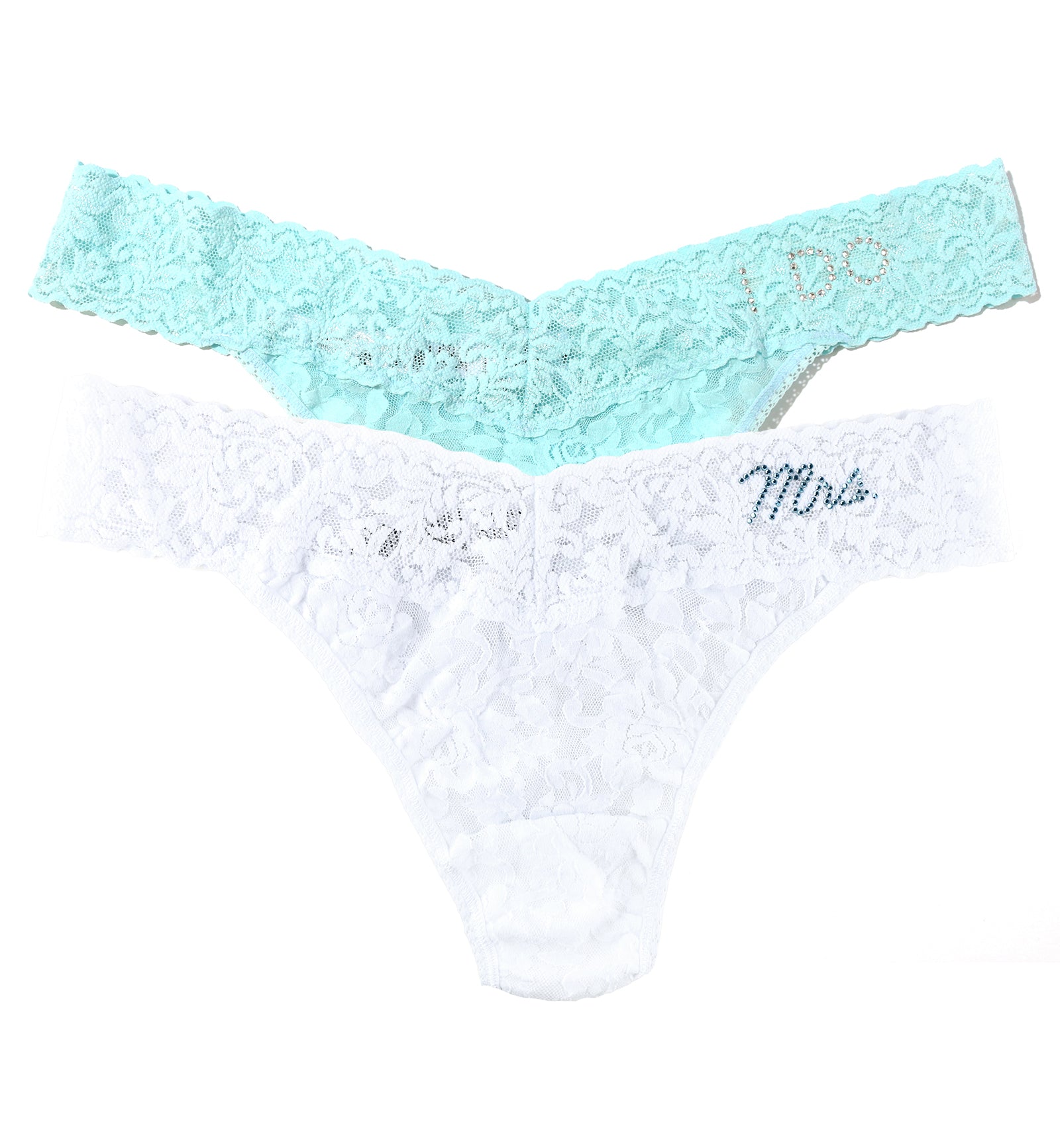 Hanky Panky Bridal I DO & MRS Original Rise Thong 2-PACK (48MRSBX),White/Celeste - White/Celeste,One Size