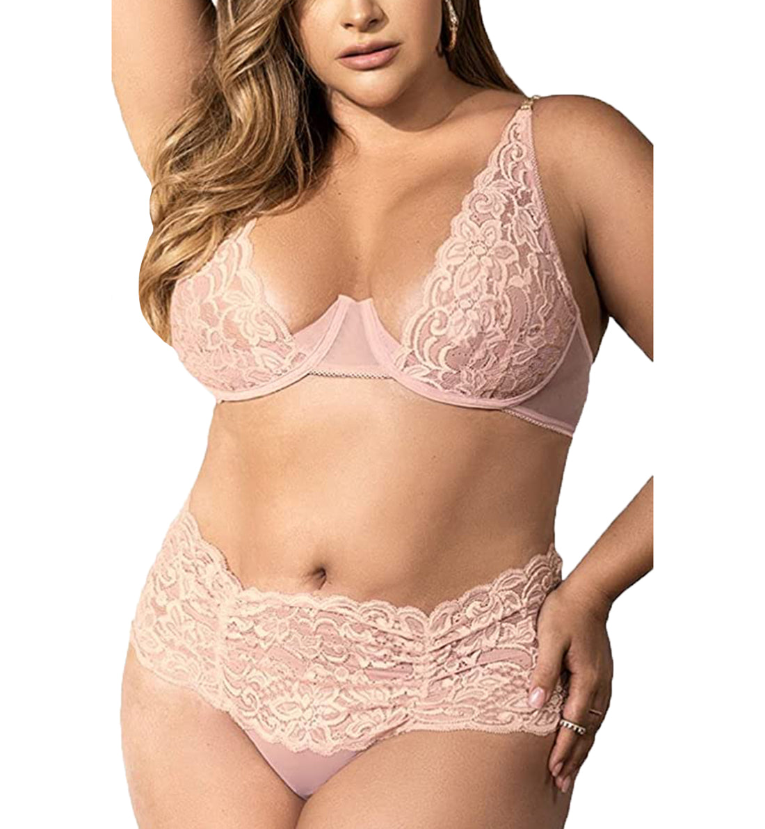 Mapale 2-in-1 Set PLUS: Babydoll, Underwire Bra, Lace-Up Back Thong (7373X),1X/2X,Rose - Rose,1X/2X