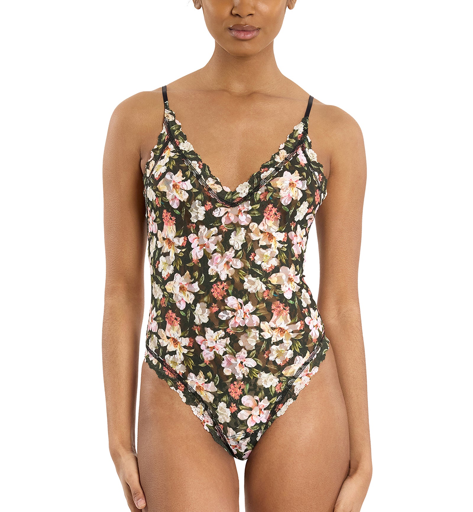Hanky Panky Signature Lace Printed Thong-Back Bodysuit (PR488451),Small,Dark Room Blooms - Dark Room Blooms,Small