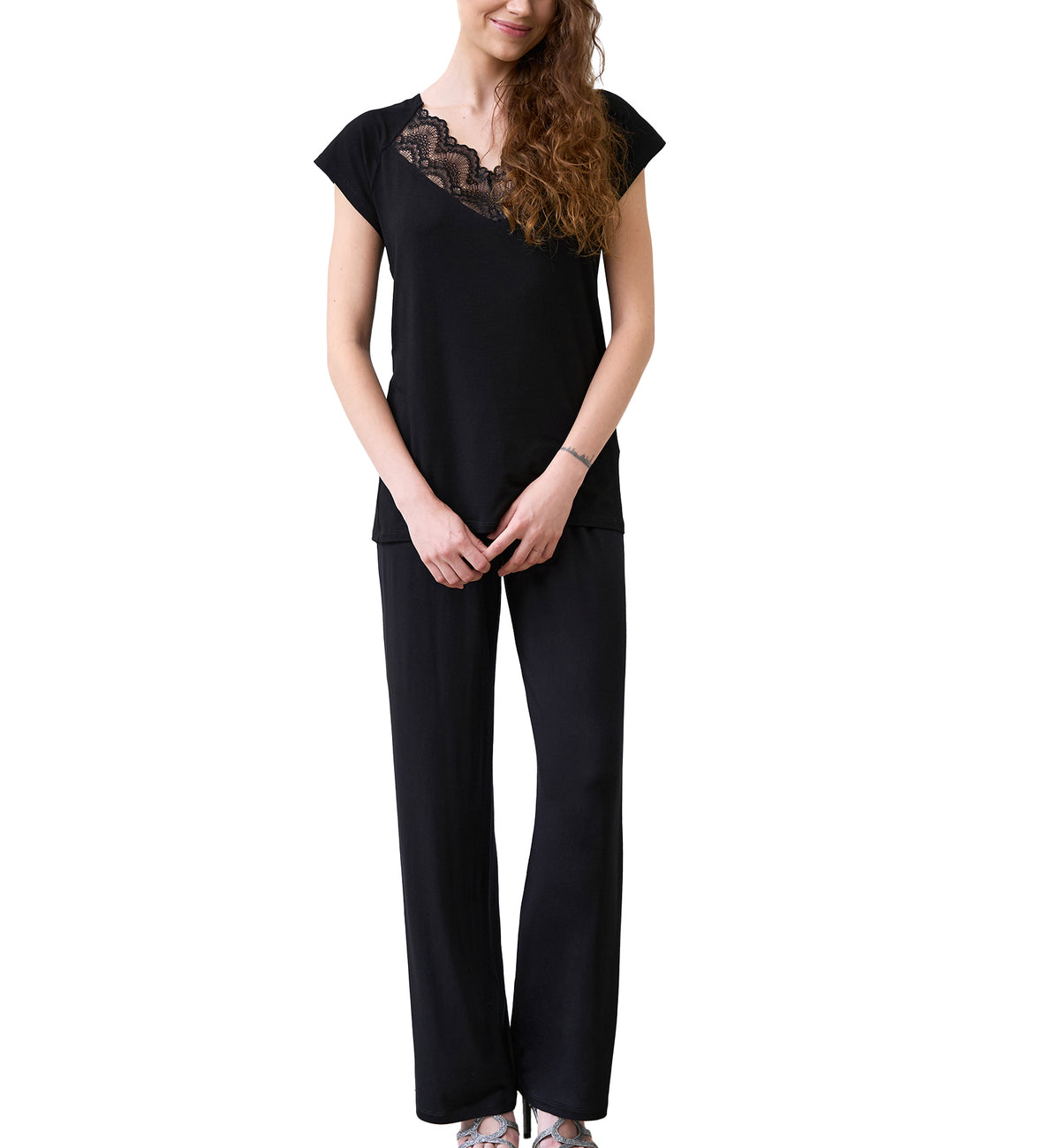 effetto Bamboo Basics PJ T-Shirt and Pants Set (02101),XS,Black - Black,XS