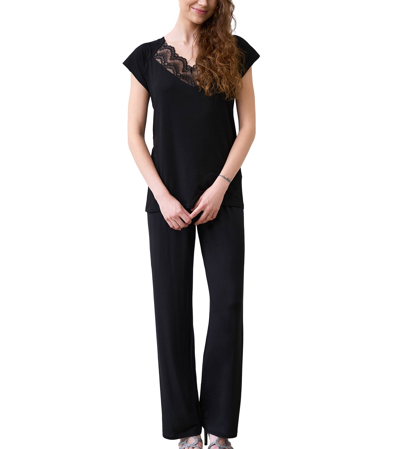 effetto Bamboo Basics PJ T-Shirt and Pants Set (02101),XS,Black - Black,XS