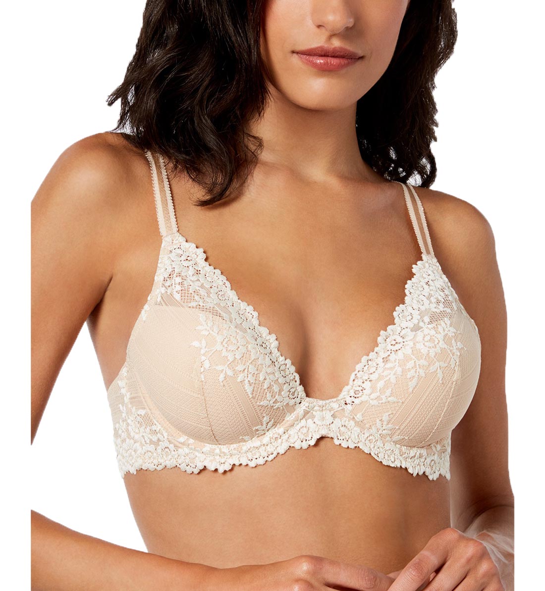 Wacoal Embrace Lace Plunge Contour Padded Underwire Bra (853291),32D,Natural Nude/Ivory - Natural Nude/Ivory,32D