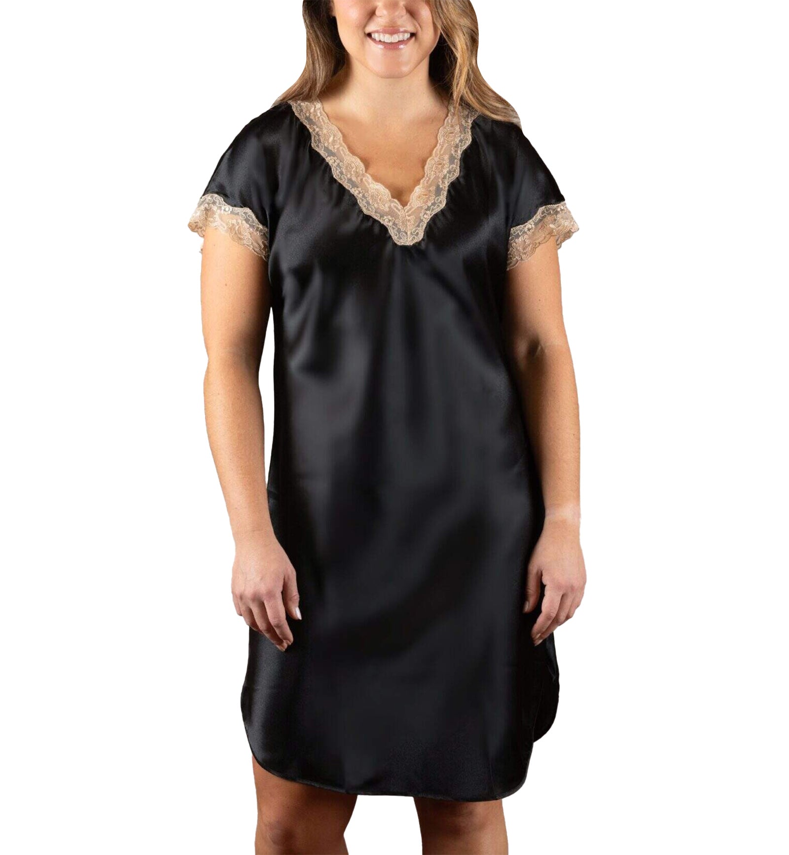 Shadowline Charming Lace Trim Sleepshirt (4503),S,Black - Black,Small