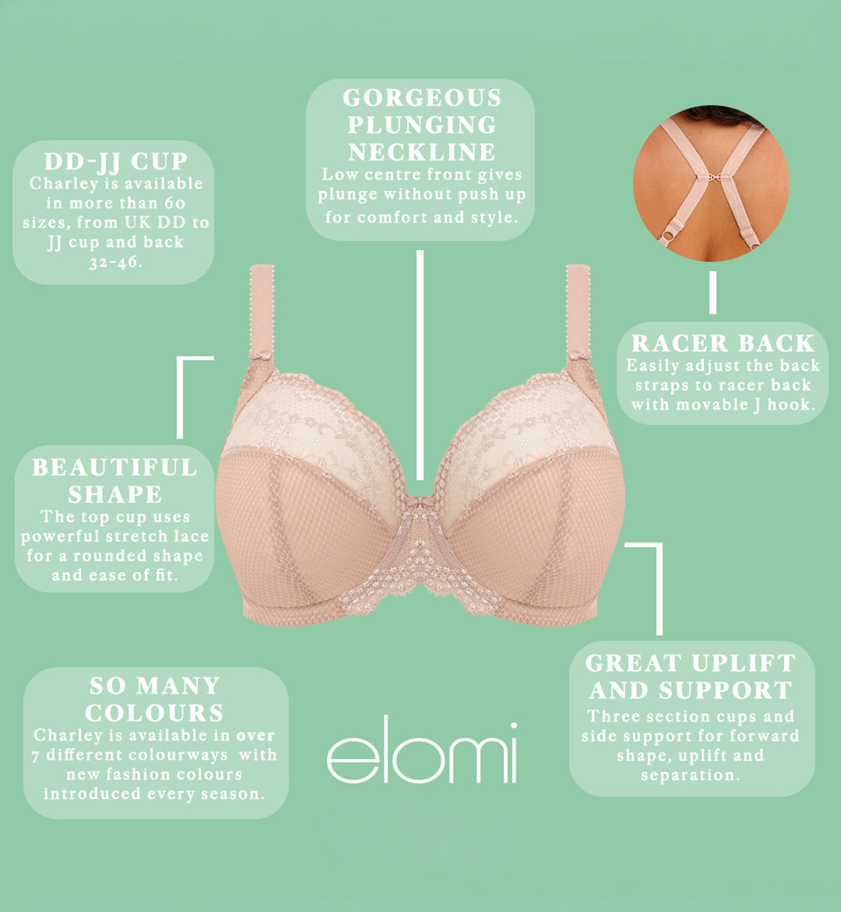 Elomi Charley Banded Stretch Lace Plunge Underwire Bra (4382),32GG,Fawn - Fawn,32GG