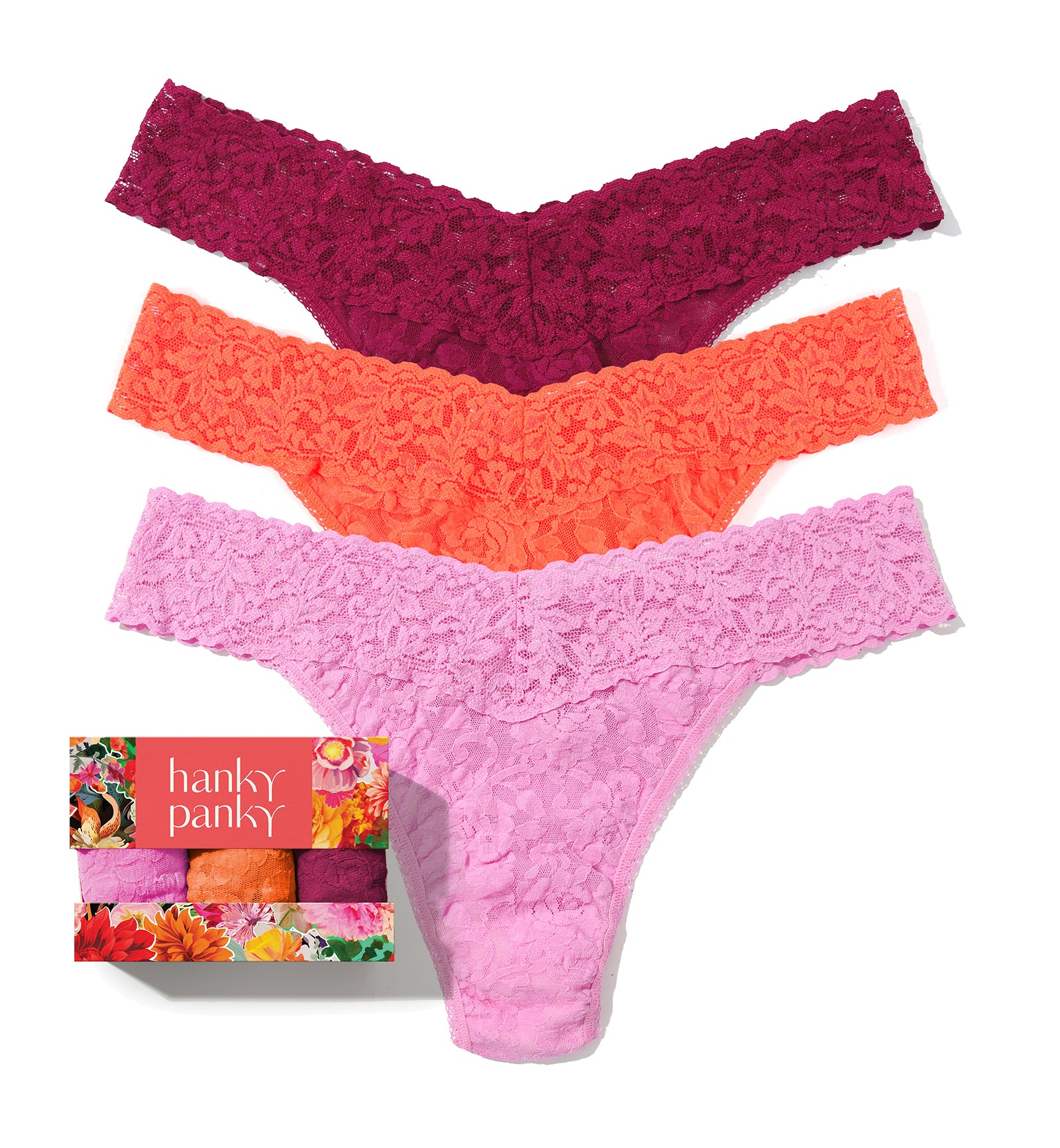 Hanky Panky 3-PACK Signature Lace Original Rise Thong (48113PK),Floramania - Floramania,One Size