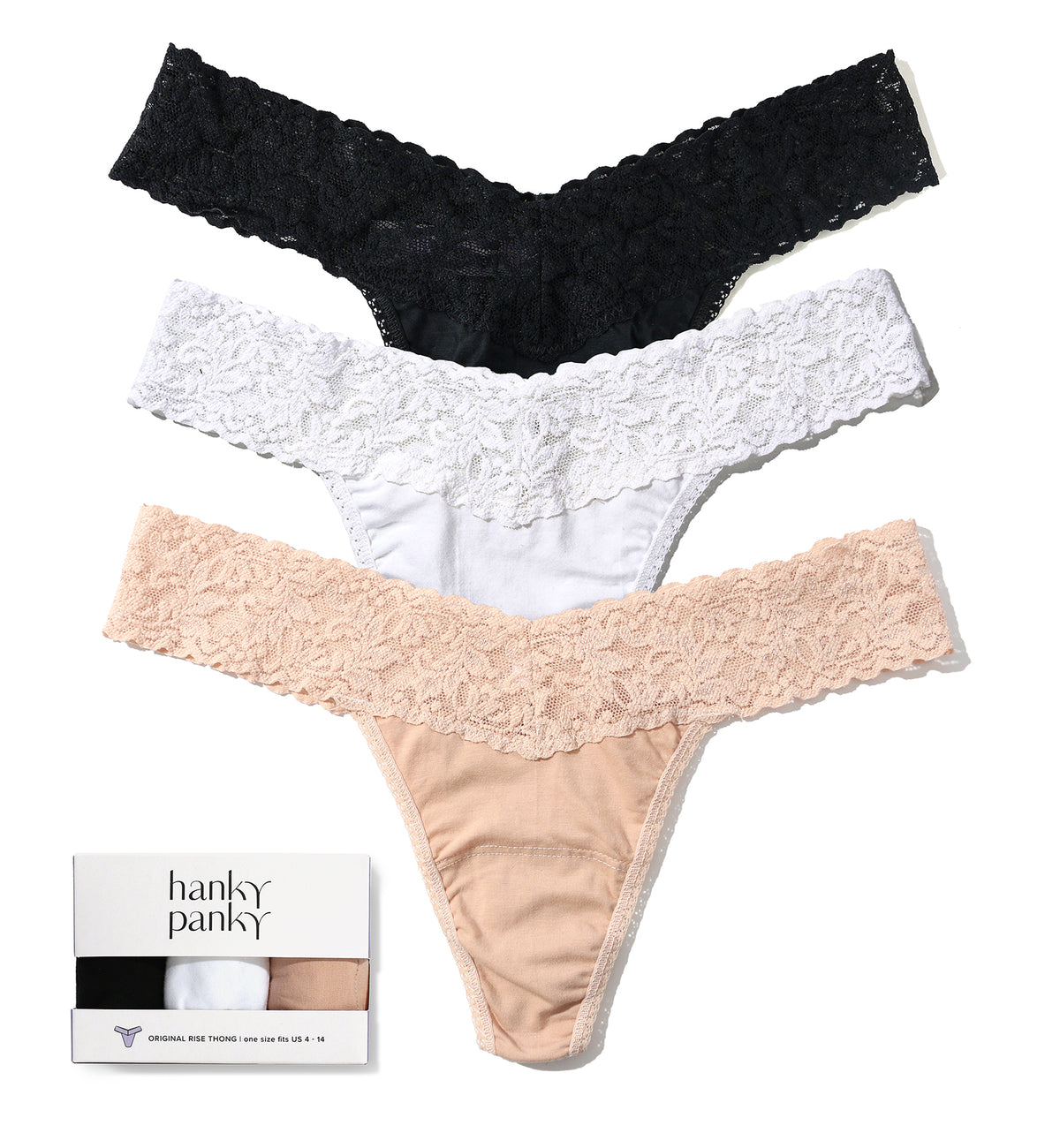 Hanky Panky 3-PACK Cotton Original Rise Thong (8918013PK),Black/White/Chai - Black/White/Chai,One Size