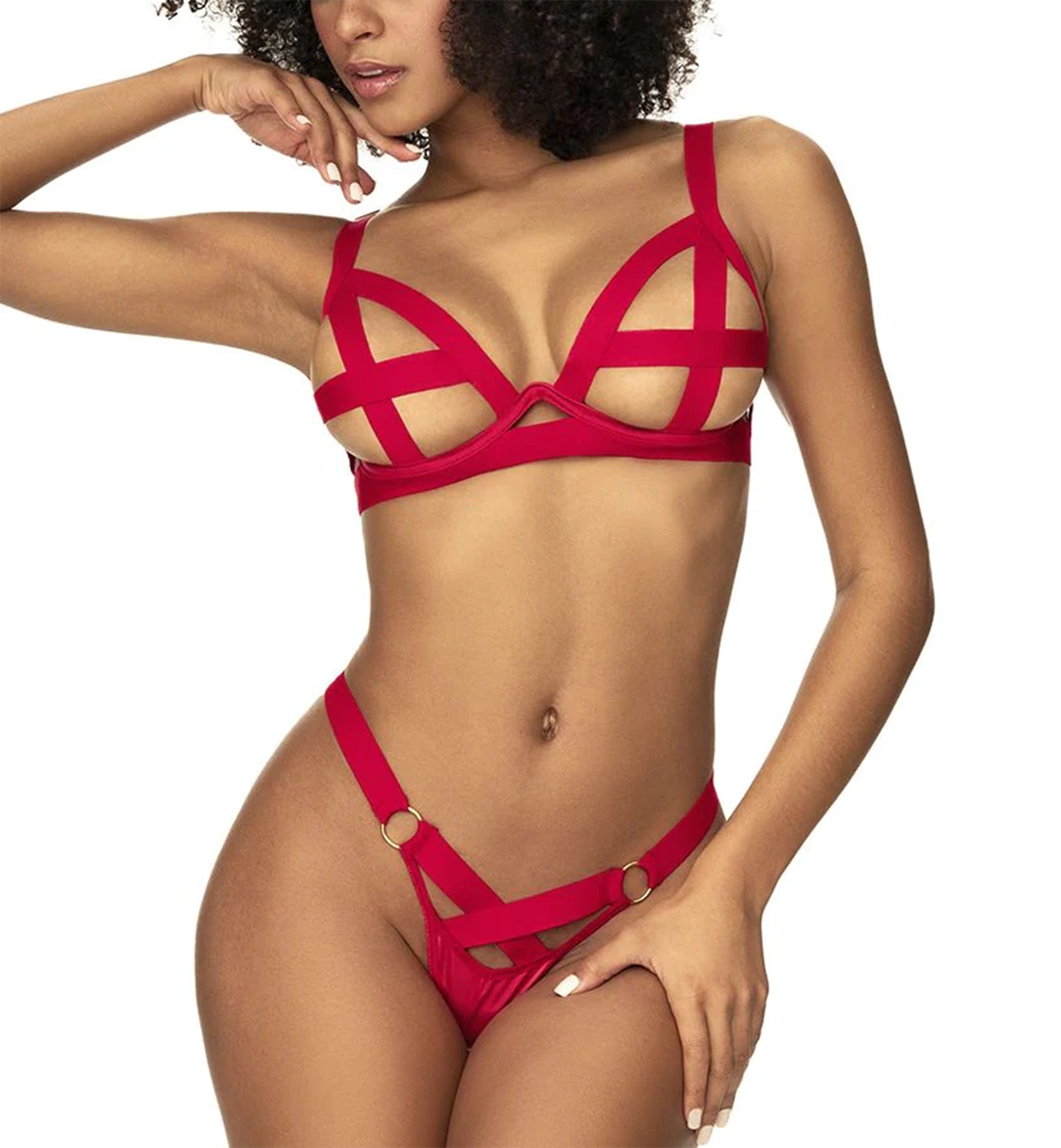 Mapale 2 Piece Set: Ouvert Cage Bra and Thong (2737),S/M,Red - Red,S/M