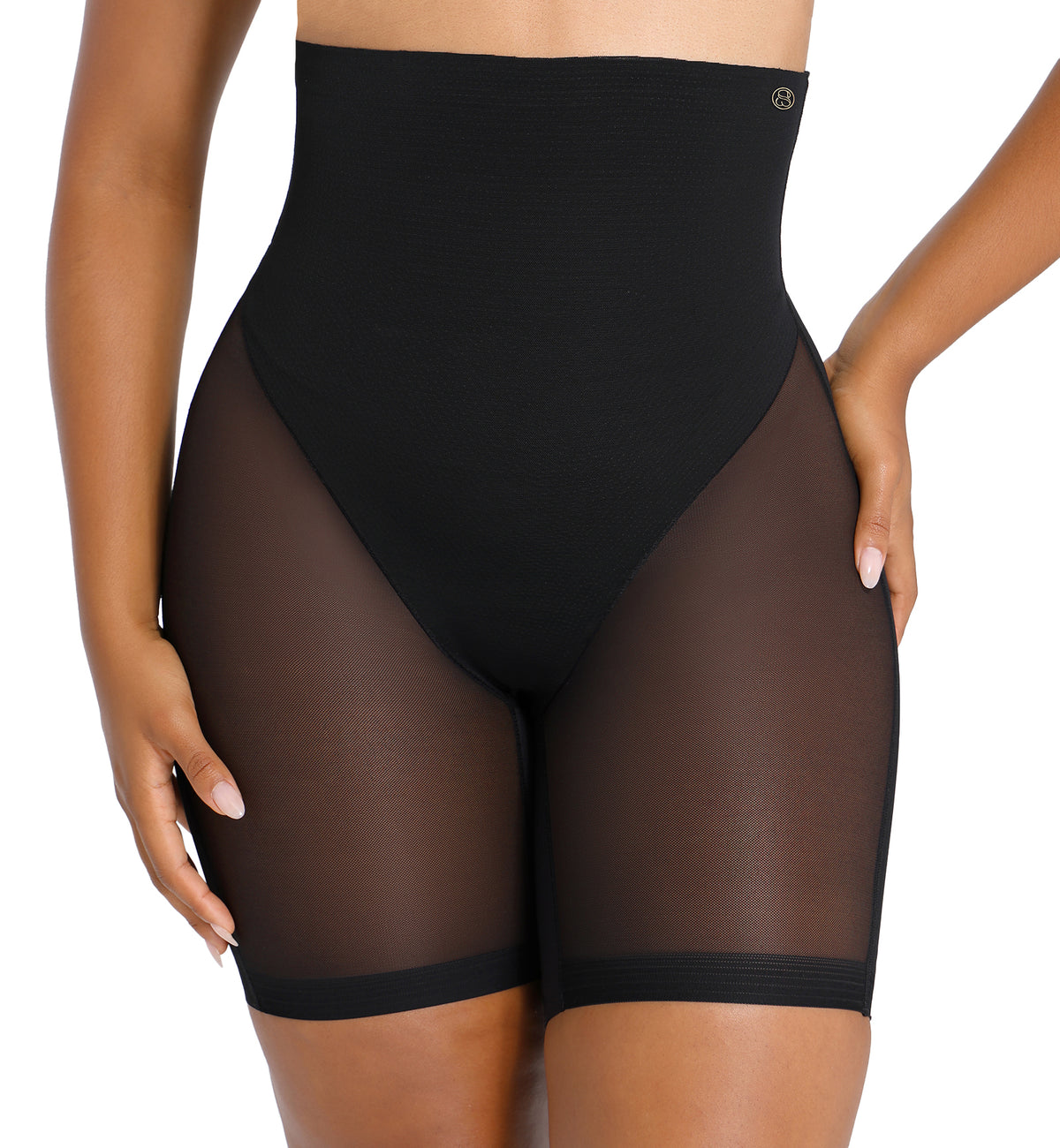 SHAPELLX BOOT-YEAH MeshSmooth High-Waisted Mid Thigh Short (MT240092),XS,Black - Black,XS