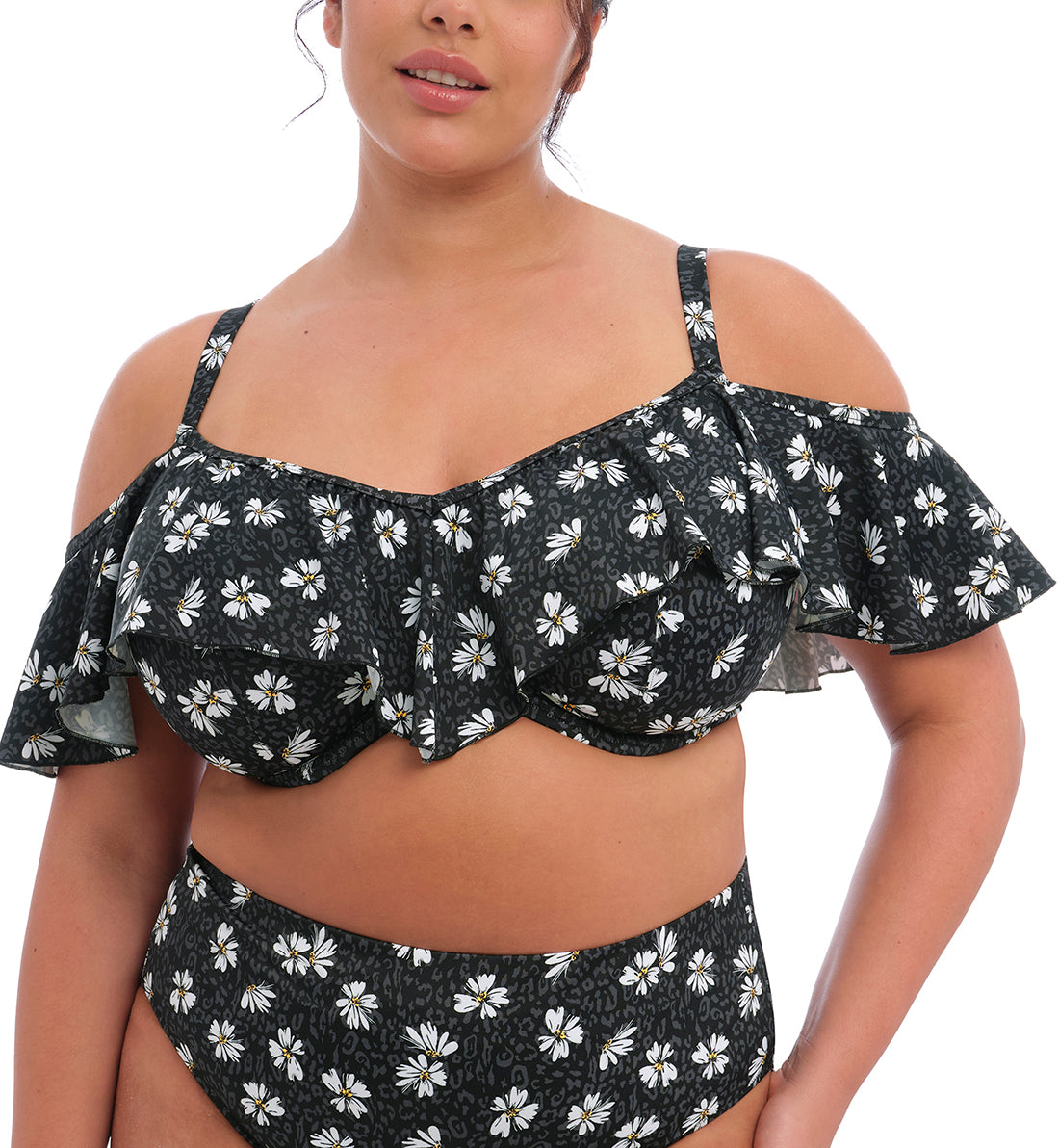 Elomi Plain Sailing Bardot Ruffle Underwire Bikini Top (ES7273),34G,Black Daisy - Black Daisy,34G