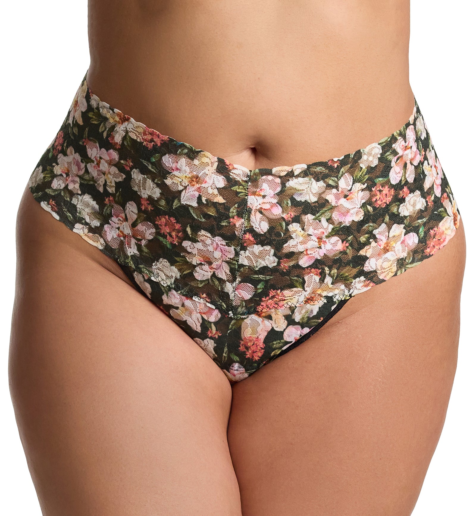 Hanky Panky Plus Size Printed Retro Lace Thong (PR9K1926X),Dark Room Blooms - Dark Room Blooms,One Size
